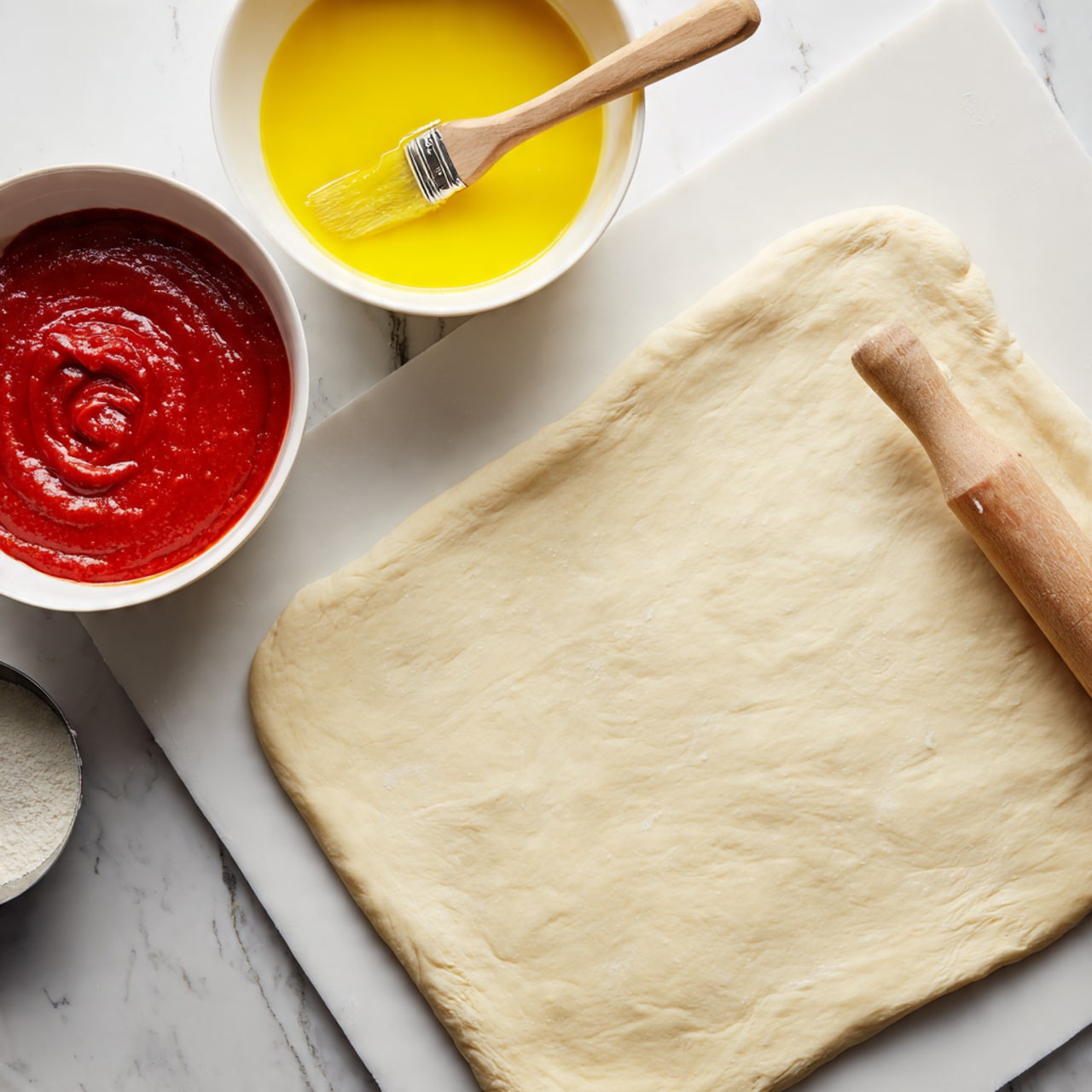 The image shows a large flat piece of pale dough with a smooth surface and clear straight edges, laying on a white marbled texture. Above and slightly behind the dough, there are two white bowls; the left bowl contains a bright yellow liquid with a wide wooden brush resting inside it, and the right bowl holds a thick red sauce with a spoon in it. On the left side near the bowls, a silver round object is partially visible. The scene is clean and bright, emphasizing the dough and bowls against the white marbled background. Photo taken with an iphone --ar 4:5 --v 7