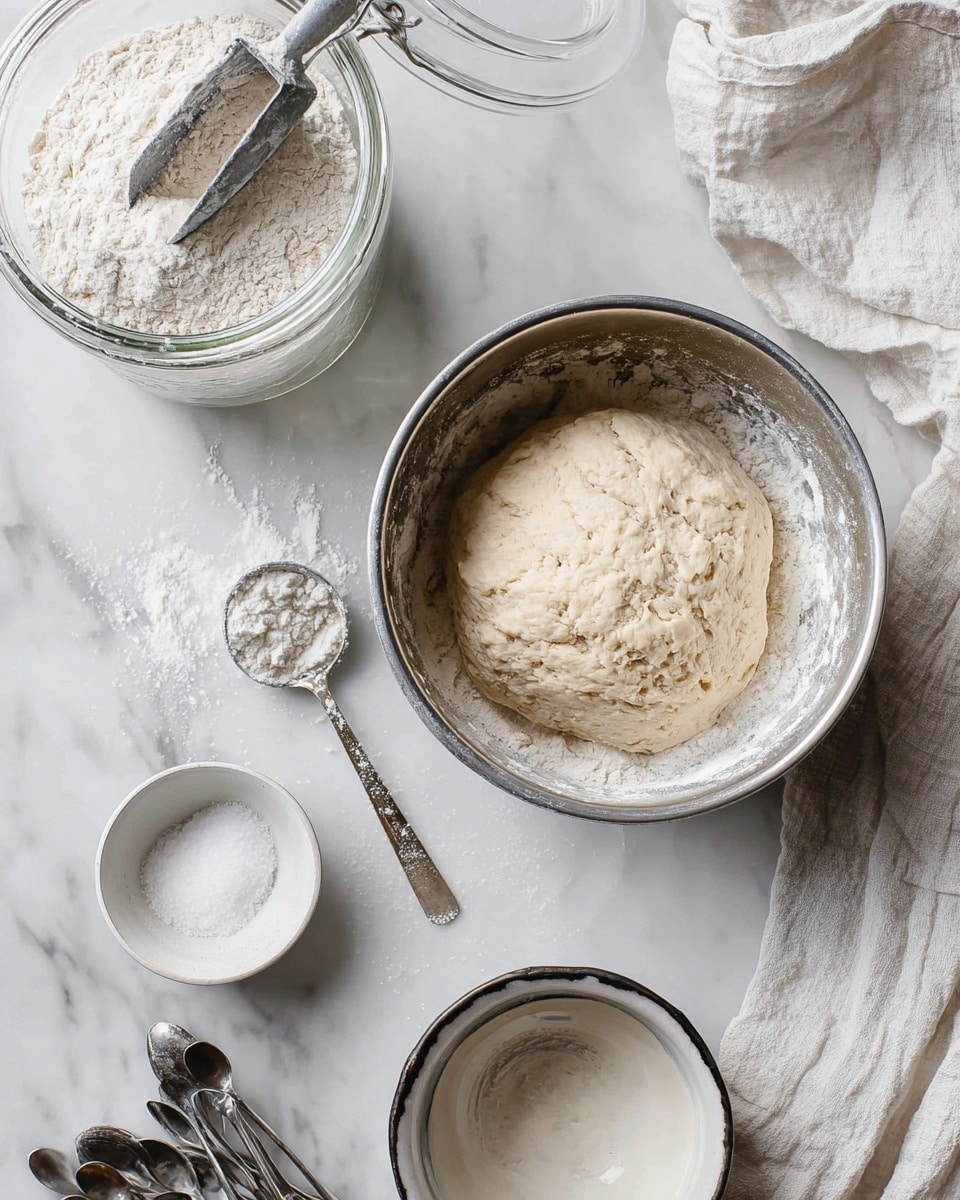 The image shows a textured ball of dough covered lightly with flour resting in a metal bowl, positioned at the top right on a white marbled surface. To the top left, there is a glass jar filled with flour and a metal scoop inside, partially open. A slightly worn metal spoon with some dough residue lies between the bowl and jar, with a little flour sprinkled on the surface nearby. Below the bowl, there is a white bowl with a dark rim containing dry yeast, and next to it, a small white container with salt. A stack of metal measuring spoons is placed at the bottom left corner, and a crumpled white cloth is spread partially in the top right corner. Photo taken with an iphone --ar 4:5 --v 7