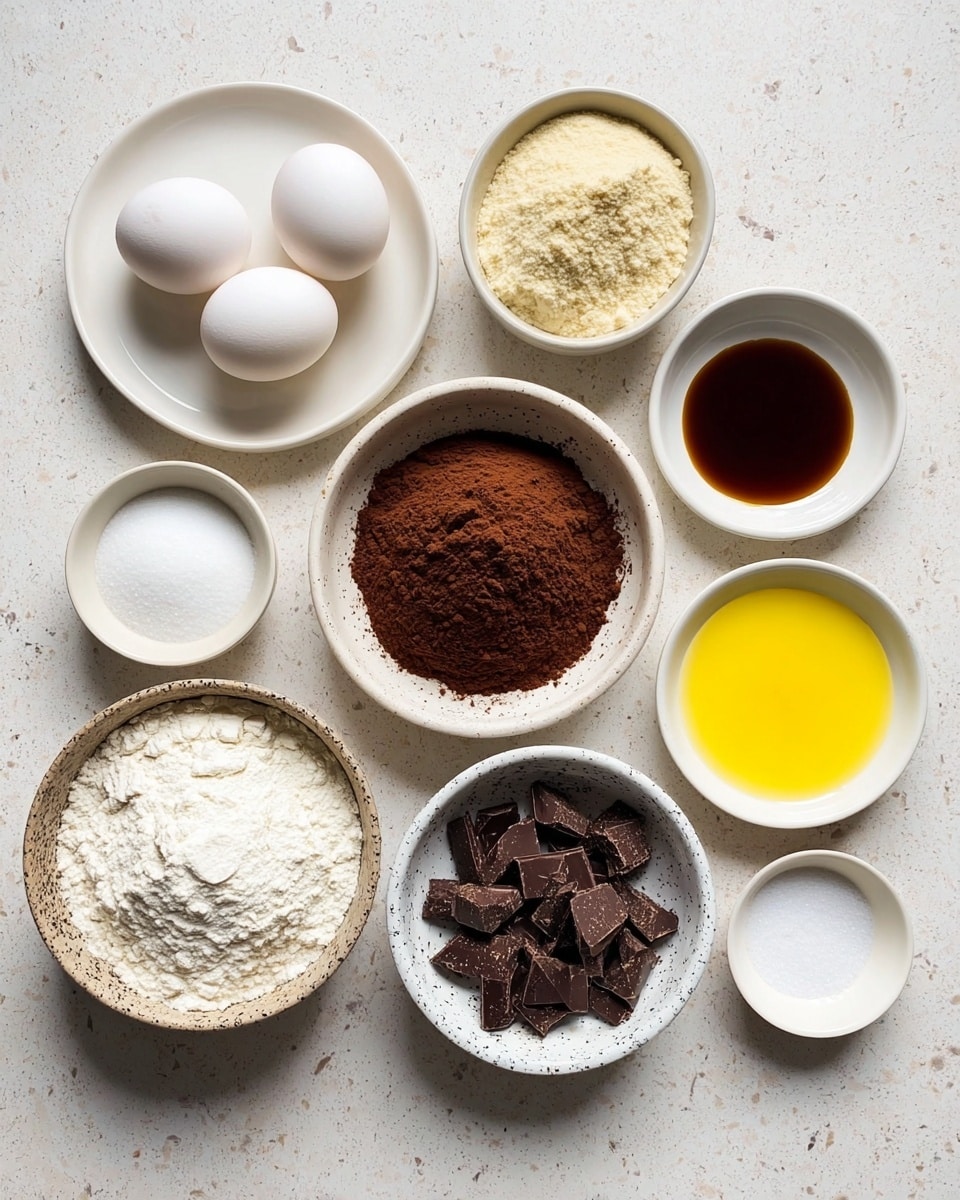 The image shows a top view of baking ingredients arranged neatly on a white marbled texture surface. There are ten bowls and plates in total: a white plate with two white eggs on the far left, a white bowl with light brown sugar below it, a white bowl filled with flour at the center bottom, a speckled bowl with dark chopped chocolate pieces to the right of the flour, and a small white bowl with melted yellow butter on the far right. Above the eggs, there is a small white dish with cocoa powder, to its right two small white dishes hold salt and a dark brown liquid, likely vanilla extract. A larger white bowl filled with white sugar sits below these small dishes, completing the neat arrangement of ingredients for baking. photo taken with an iphone --ar 4:5 --v 7