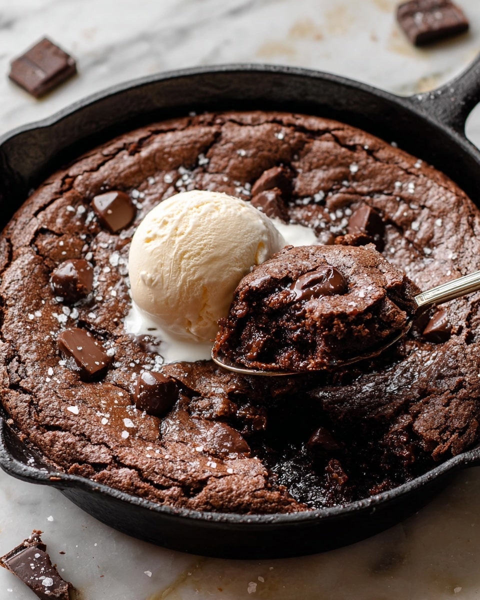 A round chocolate dessert with a soft, cracked top layer in a black cast iron skillet, showing a rich dark brown color with melted chocolate chunks scattered across the surface. A scoop of creamy, light beige ice cream sits in the center, starting to melt slightly onto the warm dessert. A spoon is lifting a piece from the dessert, revealing a moist, dense, and fudgy inside that is darker and glossy with melted chocolate. The skillet is placed on a white marbled surface with some small chocolate pieces and sea salt flakes visible around. Photo taken with an iphone --ar 4:5 --v 7
