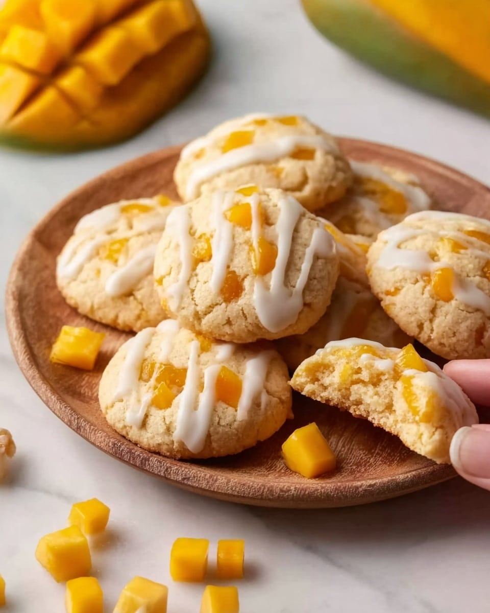 The image shows soft, round cookies on a small white plate that looks like wood, each cookie has a light golden color with small orange-yellow mango chunks inside and on top. A thick white drizzle of icing is spread over the cookies, adding shine and contrast. Around the plate, there are scattered small mango cubes sitting on a white marbled surface. One cookie on the plate is broken with a woman's hand reaching towards it, showing the soft, crumbly inside with mango pieces throughout. In the background, more cookies and part of a sliced mango are slightly out of focus. photo taken with an iphone --ar 4:5 --v 7