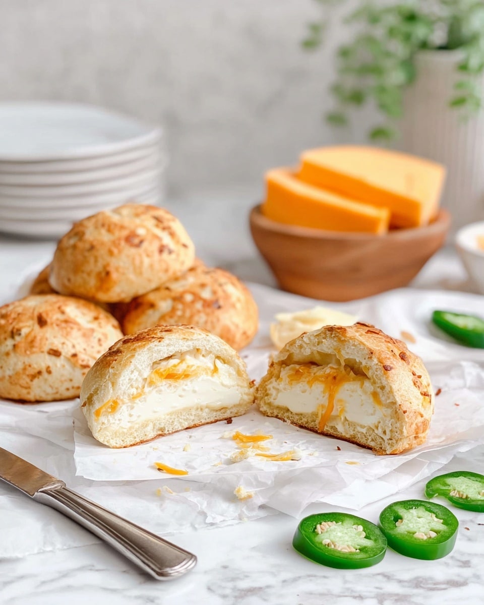 The image shows five round baked cheese buns on white parchment paper placed on a white marbled surface. In the foreground, one bun is split open, showing two layers of soft, light beige bread with a thick white creamy cheese layer in the middle. The buns have a golden brown, slightly crispy top with some melted cheese bits on them. Behind the buns, there is a small wooden bowl filled with two bright orange cheese blocks. Bright green jalapeño slices are scattered on the parchment paper, and a silver butter knife lies next to the split bun. The background is softly blurred with white plates stacked on the left and a small plant on the right. photo taken with an iphone --ar 4:5 --v 7