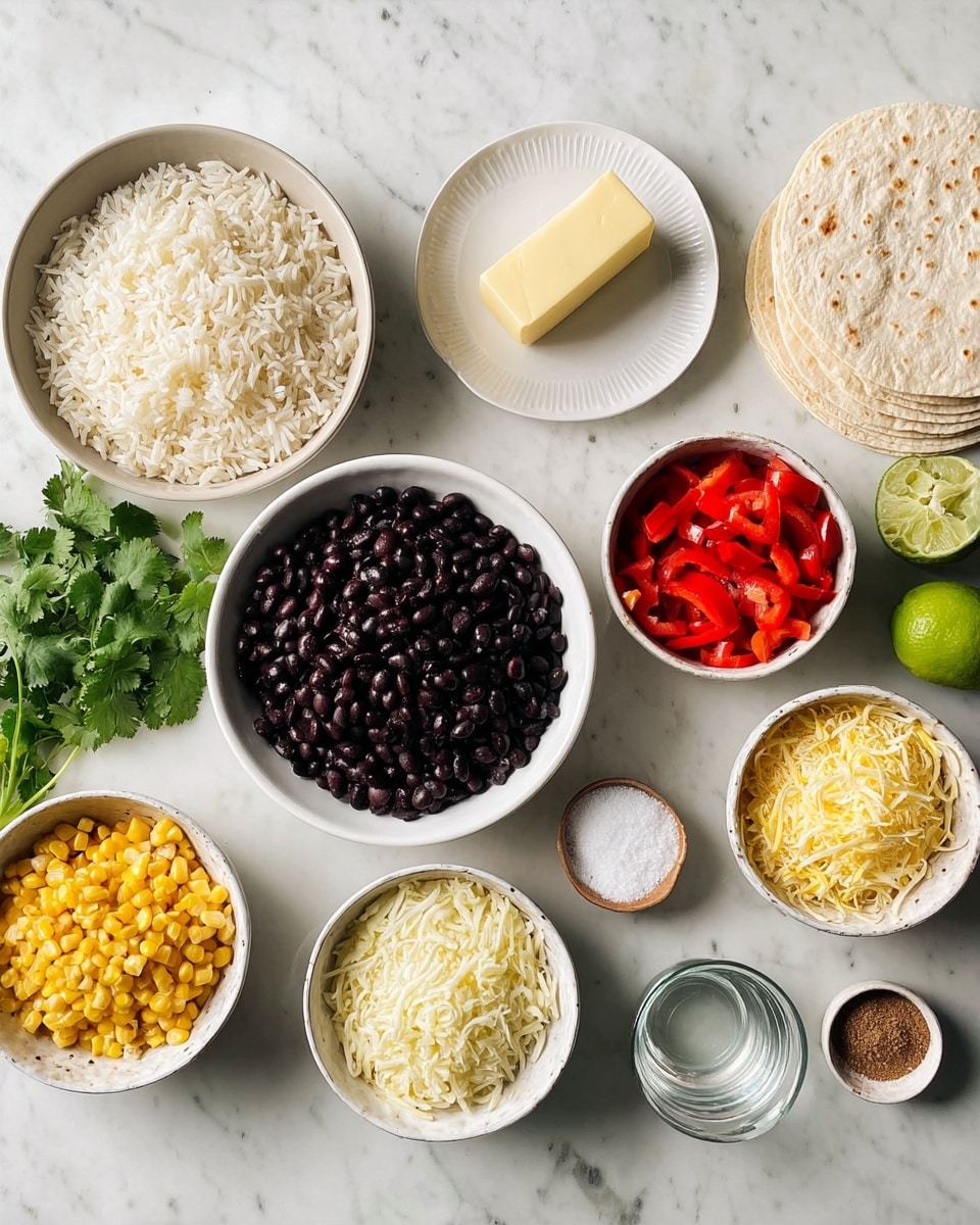 The image shows a top view of several small white bowls and plates arranged on a white marbled surface. In the center is a white bowl filled with black beans, surrounded by bowls with different ingredients: cooked white rice on the top left, a small plate with a slice of butter above the rice, chopped red bell peppers to the top right, shredded cheese below the peppers, chopped white onions below the cheese, and yellow corn kernels to the bottom left of the beans. There is a small portion of salt in a tiny white bowl near the bottom center, a small glass bowl with clear liquid to the right of it, and a small bowl with brown spices near the lower right. To the top right, beside the butter plate, there are three stacked white tortillas. A bunch of fresh green cilantro sits to the left near the corn, with lime wedges at the bottom left. The overall look is clean and organized, showing all ingredients ready to use. Photo taken with an iphone --ar 4:5 --v 7