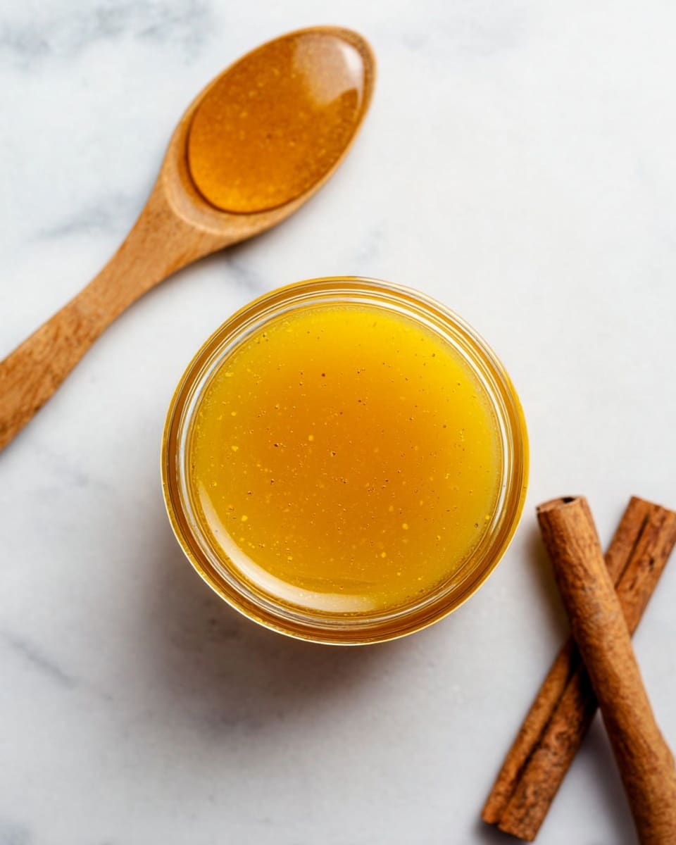 A clear glass jar with bright golden yellow honey is seen from the top, with a smooth, slightly thick texture and tiny specks inside. To the upper left of the jar, a wooden spoon holds a small amount of the same honey, showing its shiny, sticky surface. In the lower right corner, two cinnamon sticks with rough brown bark are placed close together on a white marbled surface. The overall scene is lit softly, highlighting the golden honey’s rich color and the natural textures of the wood and cinnamon sticks. photo taken with an iphone --ar 4:5 --v 7