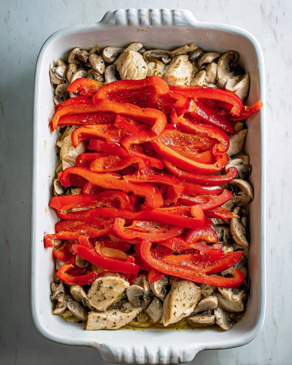 The image shows a white rectangular baking dish filled with three layers. The bottom layer is made of light brown mushrooms chopped into small chunks. On top of the mushrooms, there are pieces of cooked chicken with a light brown color and some visible herbs or seasoning. The top layer consists of long strips of bright red bell pepper spread evenly across the dish. The dish is placed on a white marbled surface, and the photo appears natural and vibrant. photo taken with an iphone --ar 4:5 --v 7
