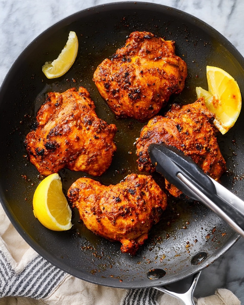 A black frying pan holds four pieces of cooked, spicy chicken thighs with a rich orange-brown color and slightly charred spots, showing a crispy and seasoned texture. A pair of black tongs with a silver handle is lifting one piece from the right side of the pan. Around the pan, bright yellow lemon wedges sit on a white marbled surface, and a striped cloth is partly visible below the pan. The overall scene looks warm and appetizing with a simple kitchen setting. photo taken with an iphone --ar 4:5 --v 7