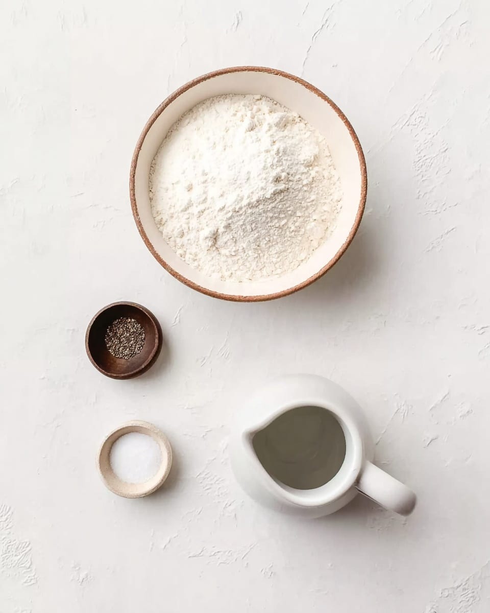A white bowl with a brown rim filled with white flour sits at the top left on a white marbled surface. Below the bowl, there are three small round containers arranged in a loose triangle: a dark brown container with black pepper, a white container with salt, and a white ceramic pitcher filled with water. The setup is simple, with each item spaced evenly and the white marbled background providing a clean look. photo taken with an iphone --ar 4:5 --v 7
