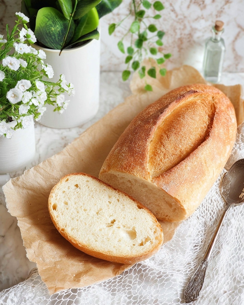 A fresh loaf of bread is opened to show two layers: the bottom layer is the crust, golden brown with a rough texture and three oval shapes on top, and the top layer is the soft inside, pale cream colored with small holes, laying side by side on a piece of parchment paper. The background has a white marbled texture with green plants with white flowers in white pots at the upper left corner, a small clear spray bottle at the upper right, and a vintage silver spoon resting on a white net fabric at the lower right. photo taken with an iphone --ar 4:5 --v 7