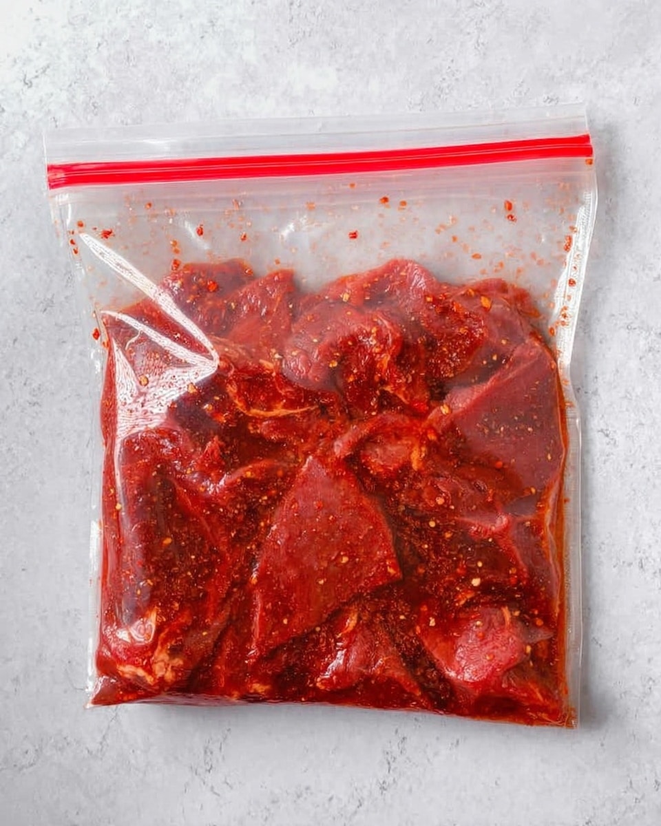 A clear plastic zipper bag lays flat on a white marbled surface filled with pieces of raw meat fully covered in a red marinade with a few darker spices and small bubbles visible throughout the sauce; the bag has a bright red sealing strip at the top. photo taken with an iphone --ar 4:5 --v 7