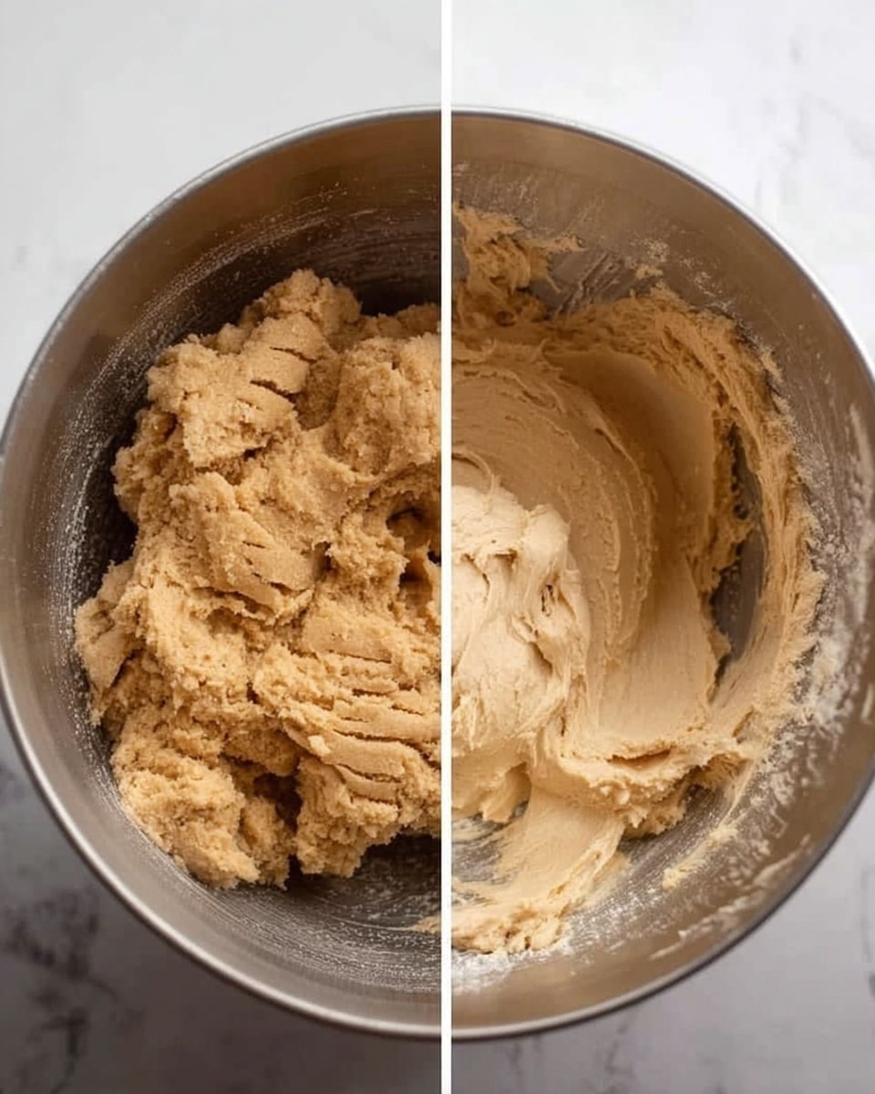 Two close-up images side by side show the process of mixing dough inside a shiny metal bowl placed on a white marbled surface. The left image shows thick, crumbly dough with a rough texture and a light brown color, with clear indentations where it was pressed. The right image shows the dough after mixing, now smoother and softer with a creamy, light beige color, still inside the metal bowl. The focus is on the dough’s texture change from dry and crumbly to soft and creamy. Photo taken with an iphone --ar 4:5 --v 7
