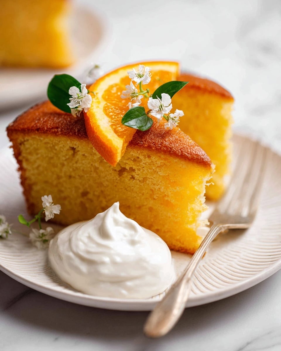 Two thick slices of golden yellow cake with a moist texture sit on a white plate with subtle patterns. One slice has a thin orange slice and small white flowers with green leaves on top. Beside the cake slices is a swirl of smooth white cream. A silver fork rests on the plate near the cake. The background is a white marbled texture. photo taken with an iphone --ar 4:5 --v 7
