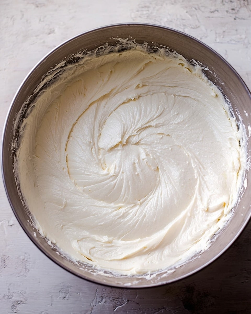 A close-up view of a metal mixing bowl filled with a single layer of smooth, creamy white frosting. The frosting has soft, swirling texture patterns spread evenly across the surface with some peaks and ridges, showing motion from stirring. The bowl is placed on a white marbled texture surface with a few small bits of frosting clinging to the bowl edges. photo taken with an iphone --ar 4:5 --v 7