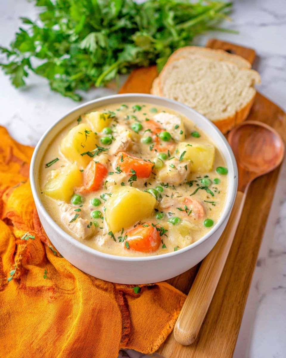 A white bowl is full of a creamy stew with several layers of chunky pieces. The bottom layer has soft yellow potatoes with a smooth texture. Mixed in are bright orange carrot slices and small, round green peas scattered throughout. Tender pieces of white meat are spread evenly in the creamy light beige sauce, all topped with small green herb sprinkles. The bowl sits on a wooden board with a warm orange cloth partially underneath, next to a wooden spoon. In the background, a slice of light brown bread rests on the board near fresh green leafy herbs, all on a white marbled surface. Photo taken with an iphone --ar 4:5 --v 7