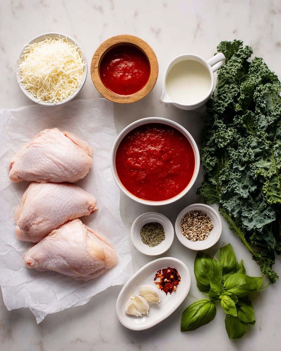 The image shows raw ingredients arranged on a white marbled texture surface. There are three raw chicken pieces on a white sheet of parchment paper on the left side. Above and beside the chicken, there are small white bowls and wooden containers holding ingredients: a bowl of grated cheese, a small bowl with red sauce, a white cup with milk, a wooden bowl with minced garlic, and white bowls with olive oil and thick tomato sauce. There is also a small white plate holding different seasonings like chili flakes, fennel seeds, black pepper, and salt. On the right side, fresh green kale and basil leaves are spread. photo taken with an iphone --ar 4:5 --v 7