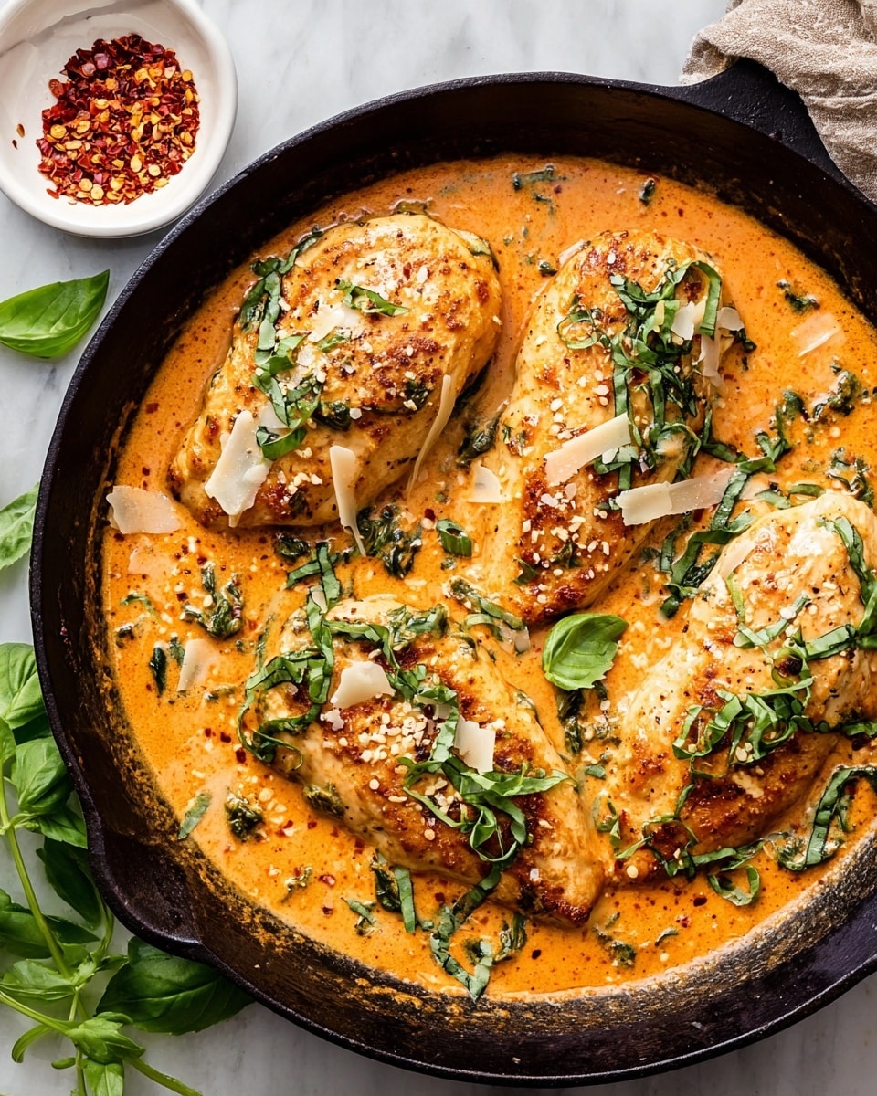 A black cast iron pan holds four golden-browned chicken fillets sitting in a thick, creamy orange sauce with visible bits of spinach mixed in. Fresh green basil leaves and shredded basil strips spread across the surface rest on the chicken and sauce. Thin, pale yellow cheese shavings are scattered unevenly over the top. A small white bowl with crushed red chili flakes sits at the top edge, along with loose basil leaves nearby on a white marbled surface. photo taken with an iphone --ar 4:5 --v 7