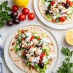 Grilled Greek Chicken Pitas with Fresh Salad and Feta Dill Sauce Recipe
