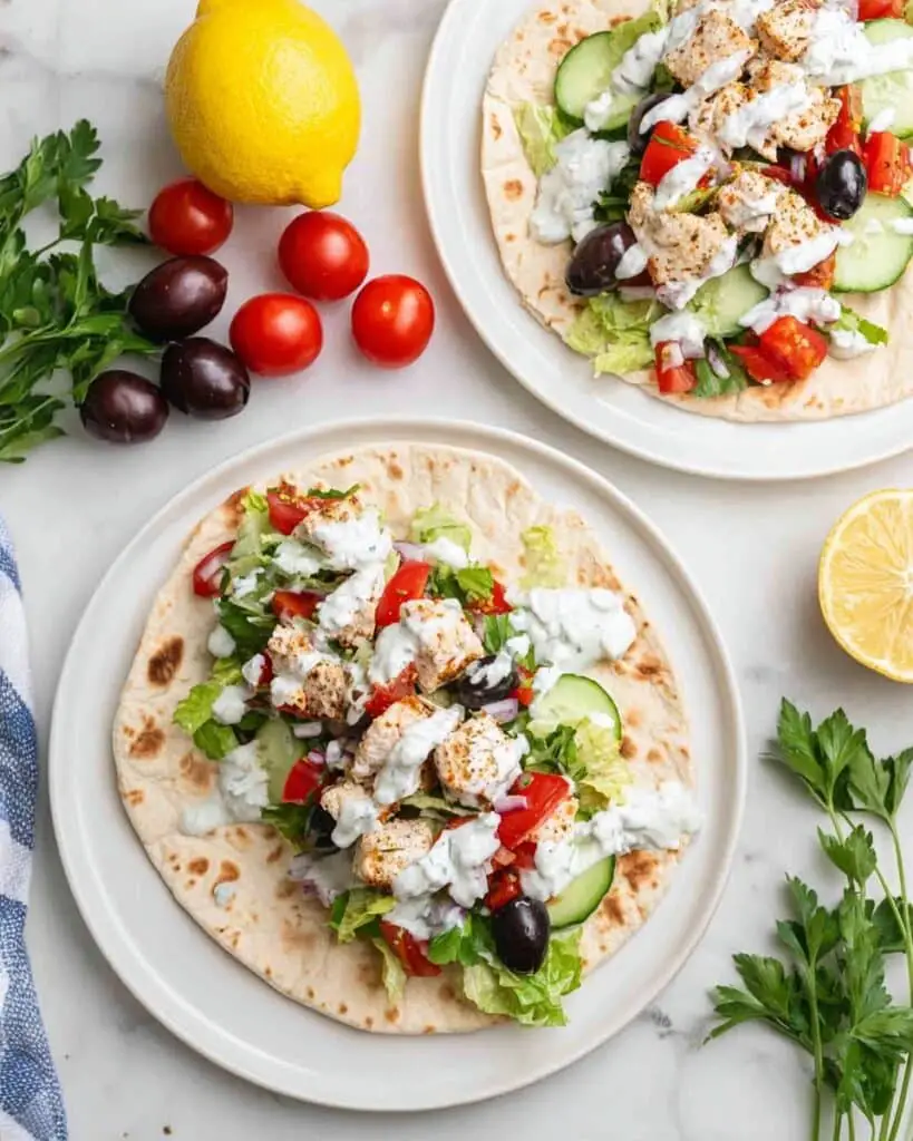 Grilled Greek Chicken Pitas with Fresh Salad and Feta Dill Sauce Recipe