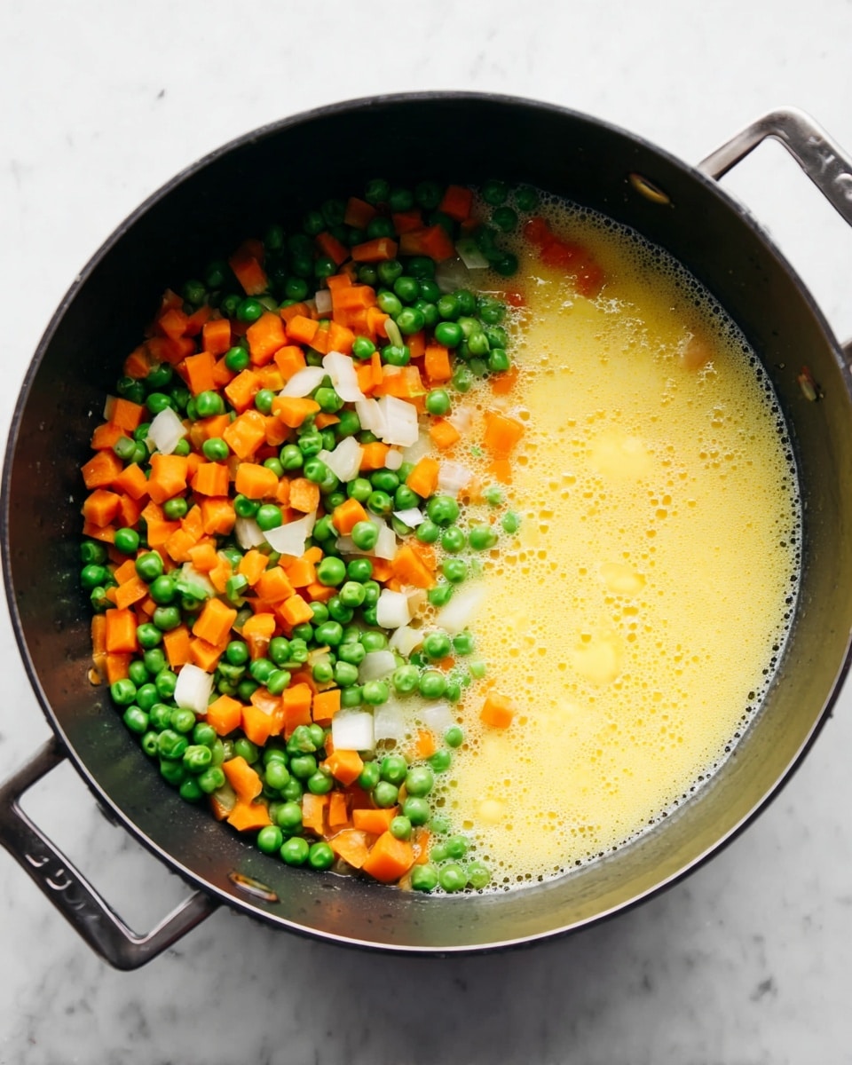 A black cooking pot with two handles on a white marbled surface holds two clear sections inside: on the left, a mix of bright green peas, orange diced carrots, and small white onion cubes, and on the right, a light yellow beaten egg mixture with some bubbles forming. The vegetables appear fresh and slightly cooked, sitting side by side with the eggs before being mixed. photo taken with an iphone --ar 4:5 --v 7