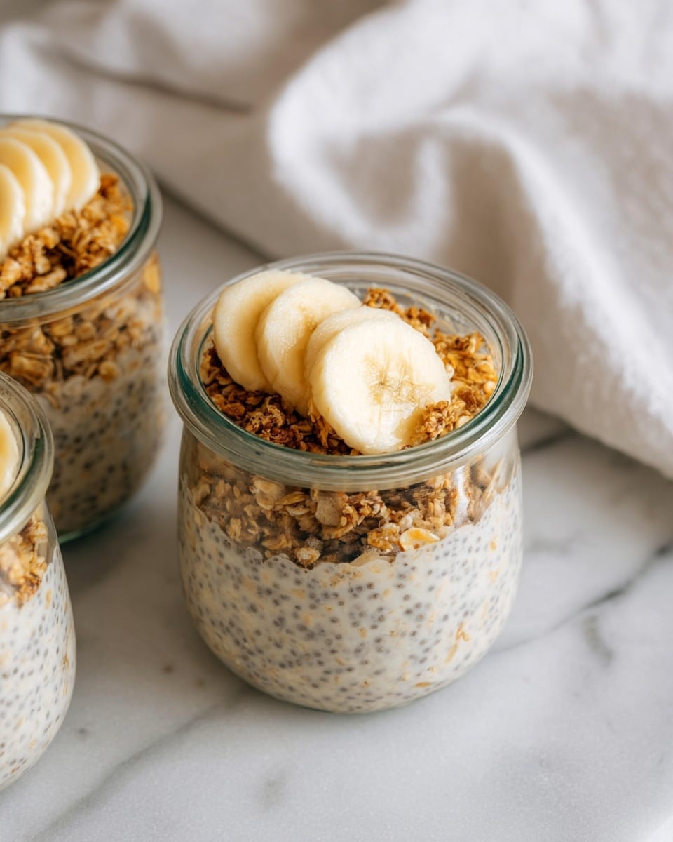 The image shows small glass jars filled with a creamy mixture of oats and chia seeds, light beige in color with dark chia seed specks throughout. Each jar is topped with two visible layers: one side has golden brown granola with a rough, crunchy texture, while the other side has several thin, curved slices of pale yellow banana neatly layered. The jars are placed on a white marbled surface, with a soft white cloth in the background. The scene looks fresh and simple, with an inviting breakfast vibe photo taken with an iphone --ar 4:5 --v 7