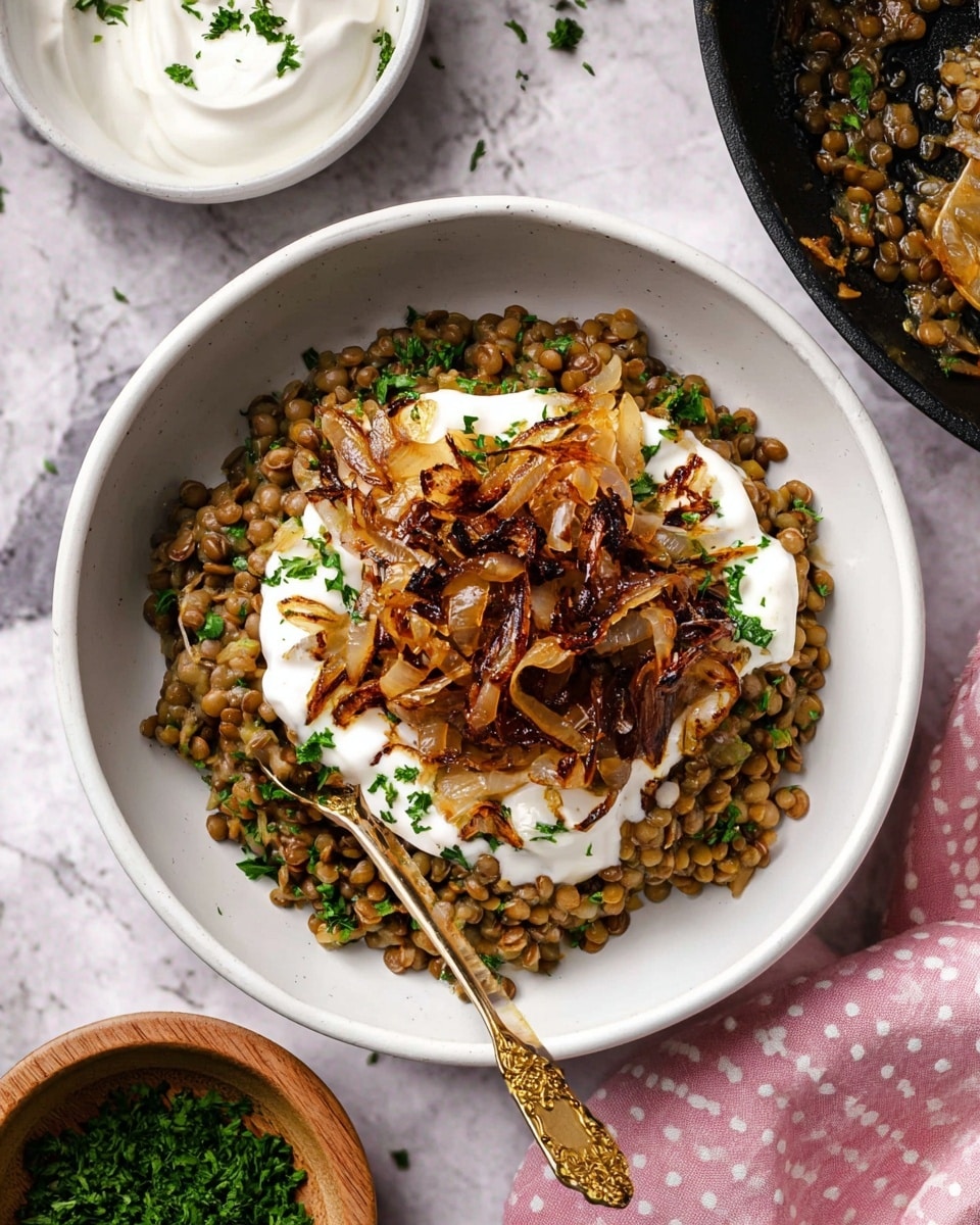 A white bowl sits on a white marbled surface, filled with a base layer of cooked lentils mixed with grains, showing a mix of brown and greenish colors with a slightly coarse texture. On top of this is a thick, smooth layer of white creamy yogurt, spread unevenly across the center. Resting on the yogurt is a generous pile of golden brown caramelized onions with some darker charred edges, adding a glossy and slightly crispy texture. The dish is garnished with small sprinkles of finely chopped green parsley evenly scattered over the top. A golden spoon with an ornate handle rests inside the bowl, partially submerged in the layers. Nearby, a small white bowl with more yogurt and a black skillet with extra caramelized onions can be seen, along with a wooden bowl of chopped green herbs and a pink cloth with white polka dots on the white marbled surface. Photo taken with an iphone --ar 4:5 --v 7