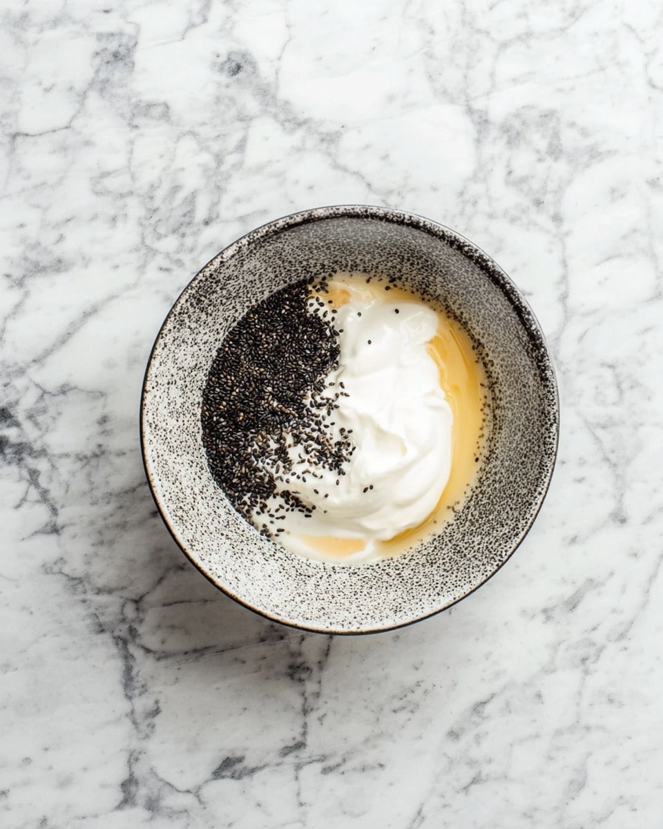 A round bowl with a gray and white speckled pattern holds three main layers: a base of light honey-colored syrup, a middle layer of smooth white yogurt piled unevenly, and a top layer of scattered small black seeds mostly gathered on one side. The bowl sits on a white marbled surface with gray veins. photo taken with an iphone --ar 4:5 --v 7