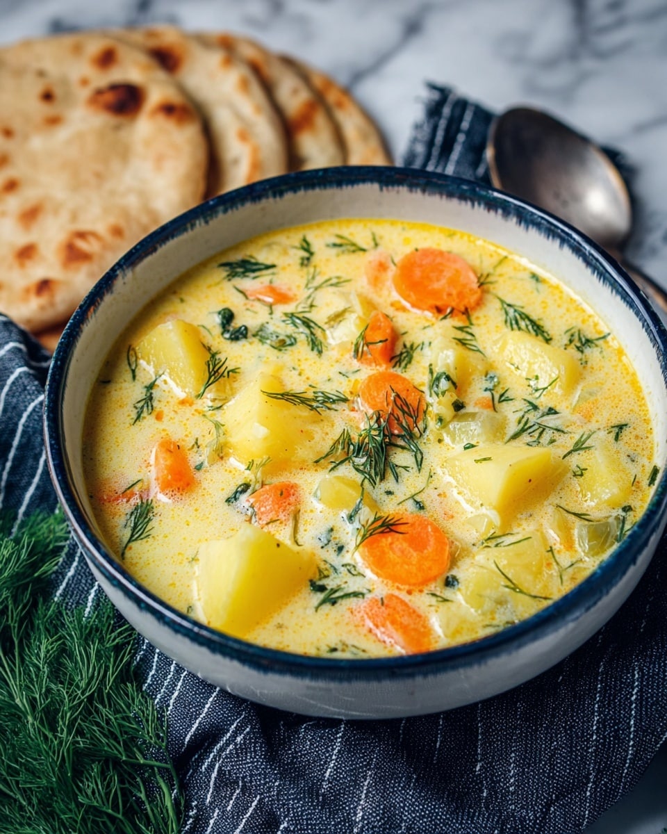 The image shows a bowl filled with creamy soup that has chunks of yellow potatoes, round orange carrot slices, small green pieces of herbs, and fresh green dill sprinkled on top. The soup is light yellow with a smooth, slightly thick texture. The bowl itself is white with a dark blue inner rim and sits on a dark blue cloth with a striped white pattern. Behind the bowl, there are three pieces of flatbread with a golden-brown crust. The whole scene is set on a white marbled surface with some fresh dill sprigs partially visible below the bowl. Photo taken with an iphone --ar 4:5 --v 7