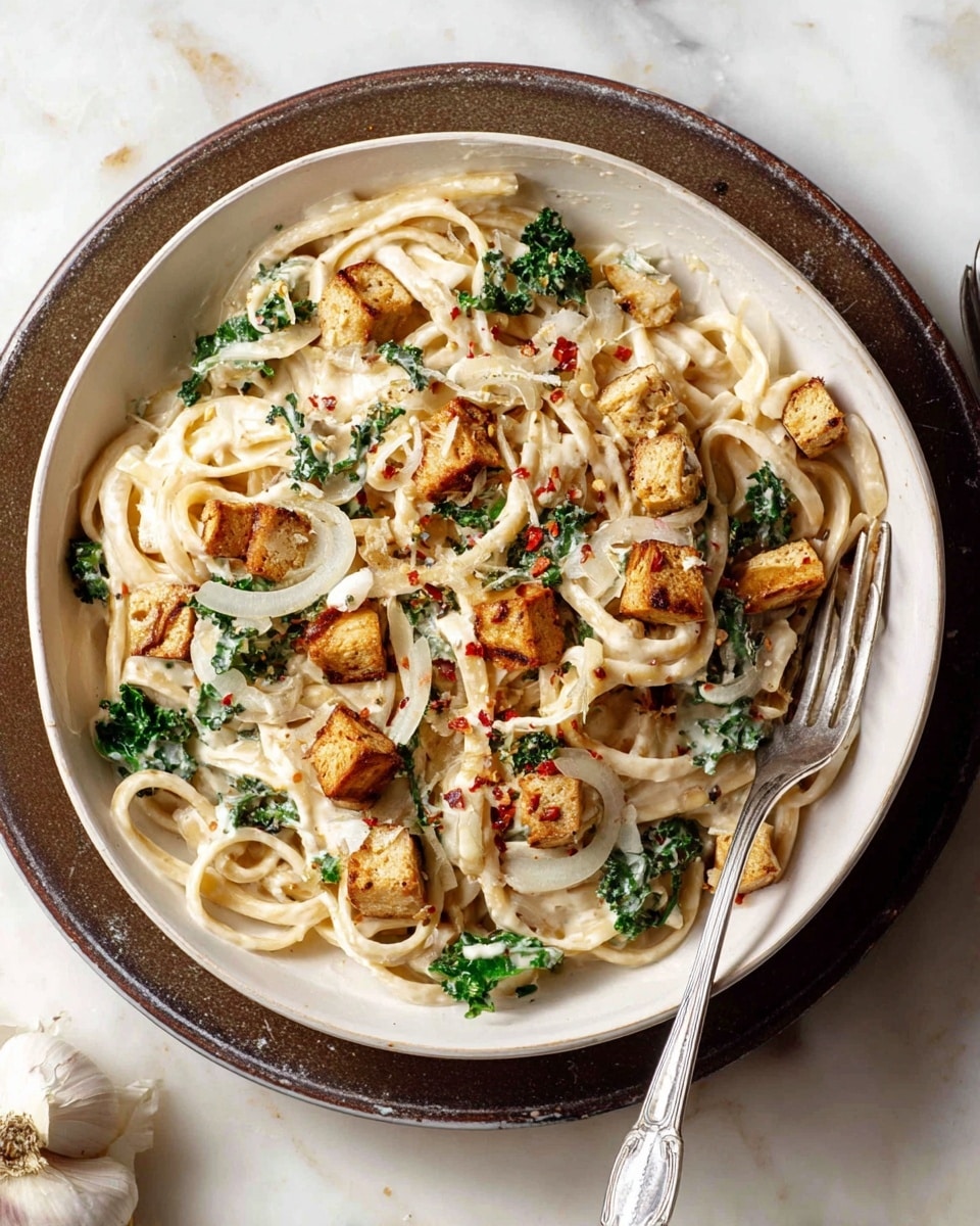 A white bowl filled with creamy pasta topped with small golden-brown tofu cubes, sprinkled with green kale pieces and thin white onion slices mixed throughout. The pasta noodles are thick and coated in a smooth white sauce. Small red chili flakes are scattered on top, adding a touch of color. The bowl is placed on a rustic dark round plate with a silver fork resting on the right side inside the bowl. The background is a white marbled surface with a whole garlic bulb slightly visible at the bottom edge. photo taken with an iphone --ar 4:5 --v 7