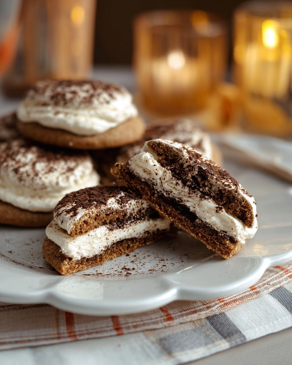 The image shows round cookies topped with a thick layer of white cream that has a slightly whipped texture. The cream is dusted with a fine, dark brown powder, likely cocoa, scattered unevenly on top. One cookie is split in half, placed in the center, displaying its brown, moist-looking inside and crumbly exterior. The cookies rest on a white plate with a scalloped edge design, set on a checkered cloth with a white marbled textured background. In the blurred background, soft yellow light from a glass candle holder adds warmth to the scene. photo taken with an iphone --ar 4:5 --v 7