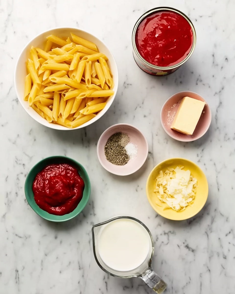 The image shows seven small containers arranged on a white marbled surface. At the top left is a white bowl filled with dry yellow penne pasta. To its right is an open can of red tomato sauce. Below the pasta bowl, there is a small red bowl holding a square of butter. Next to it is a small pink bowl with mixed dried herbs. To the right of that is a small yellow bowl with minced garlic. Below these, there is a white measuring cup filled with creamy white milk. Lastly, at the bottom left, a small green bowl contains a dollop of thick, red tomato paste. Photo taken with an iphone --ar 4:5 --v 7