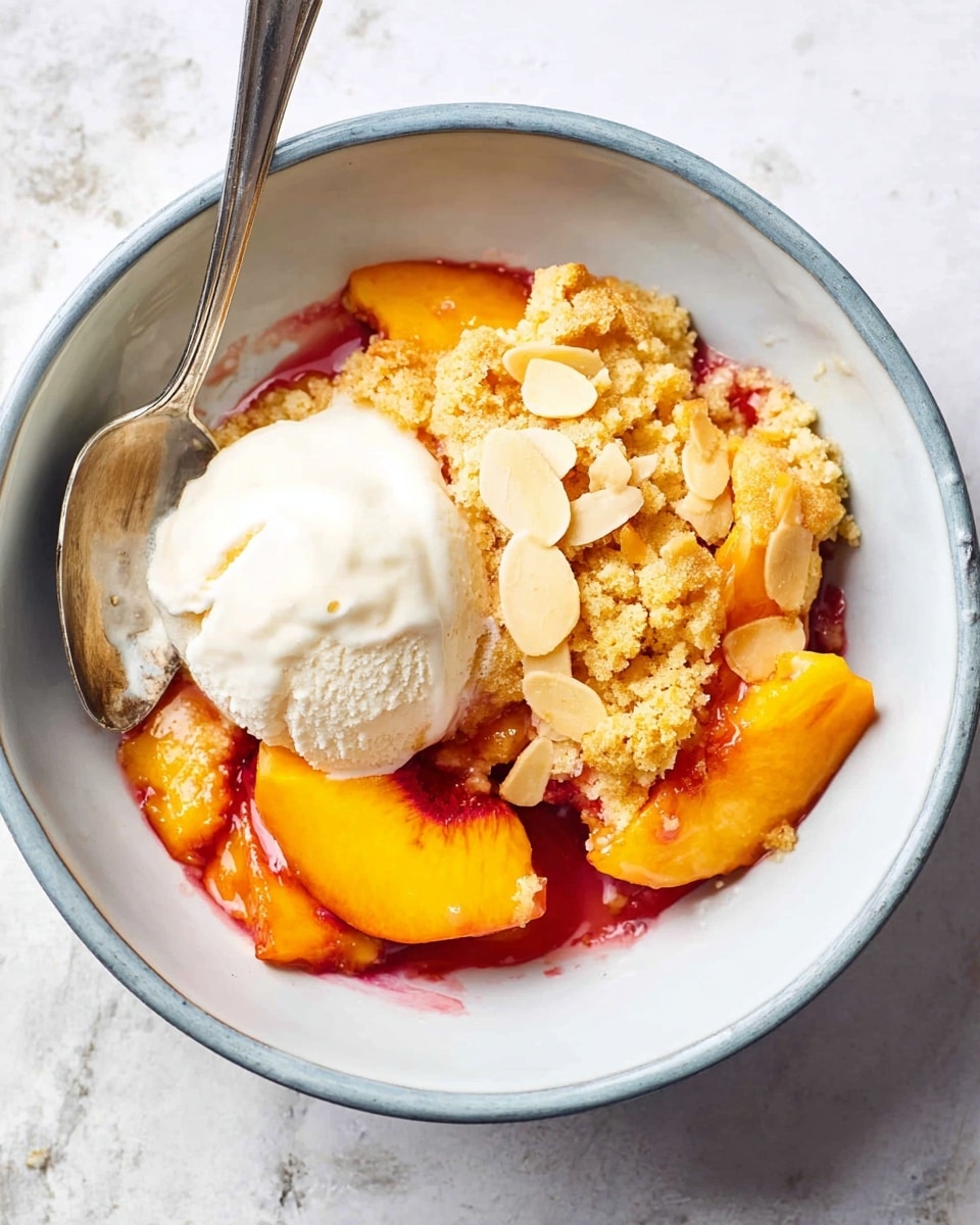 A bowl showing a dessert with three main layers: bright orange peach slices at the bottom right, covered partly by a golden crumbly cake with a rough texture in the middle, and a smooth white scoop of melting ice cream on top left. The bowl is white with a soft blue-gray rim. A silver spoon rests inside the bowl on the left, with some of the dessert on it. There are a few thin almond slices scattered on the cake. The surface under the bowl is a white marbled texture. photo taken with an iphone --ar 4:5 --v 7