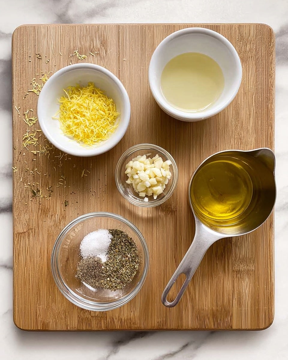 A wooden chopping board on a white marbled surface holds five small containers arranged loosely in two rows. From the top left, a white bowl has finely grated yellow lemon zest clinging to its sides, next to a white bowl containing a pale yellow liquid. On the top right, a metal measuring cup filled with golden olive oil rests. Below, a small clear glass bowl shows a mound of finely minced garlic, and beside it, another clear glass bowl contains a mix of dried herbs and ground black pepper alongside white salt. The overall scene shows fresh ingredients ready to be mixed into a dressing or marinade. photo taken with an iphone --ar 4:5 --v 7