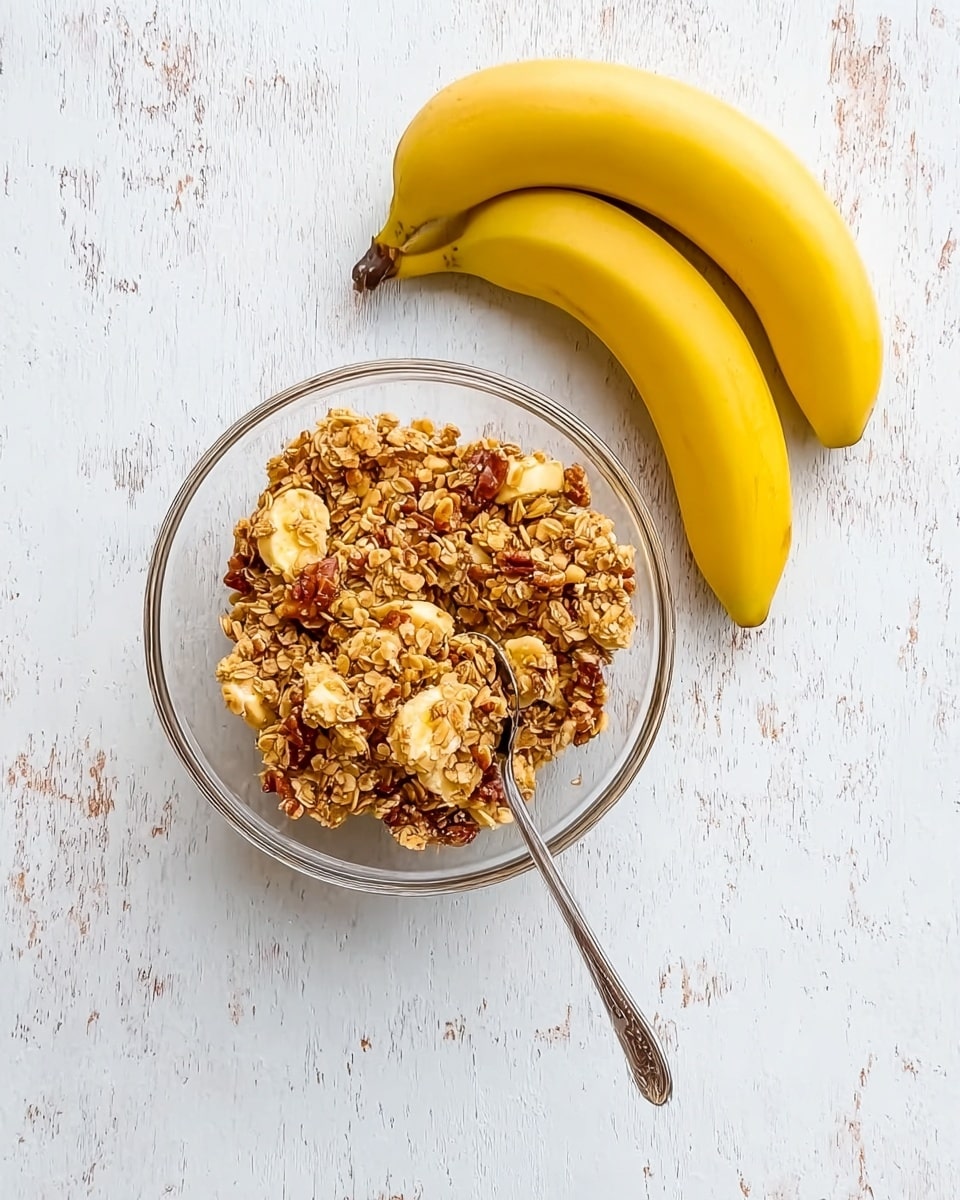 A clear glass bowl filled with chunky granola that has nuts and oats, showing a mix of light brown and golden textures. Inside the bowl, a silver spoon rests on the right side, slightly dipped in the granola. To the top right of the bowl, two bright yellow bananas are placed side by side, their smooth skins contrasting with the rough texture of the granola. The bowl and bananas sit on a white marbled surface with some faint marks of distress. photo taken with an iphone --ar 4:5 --v 7
