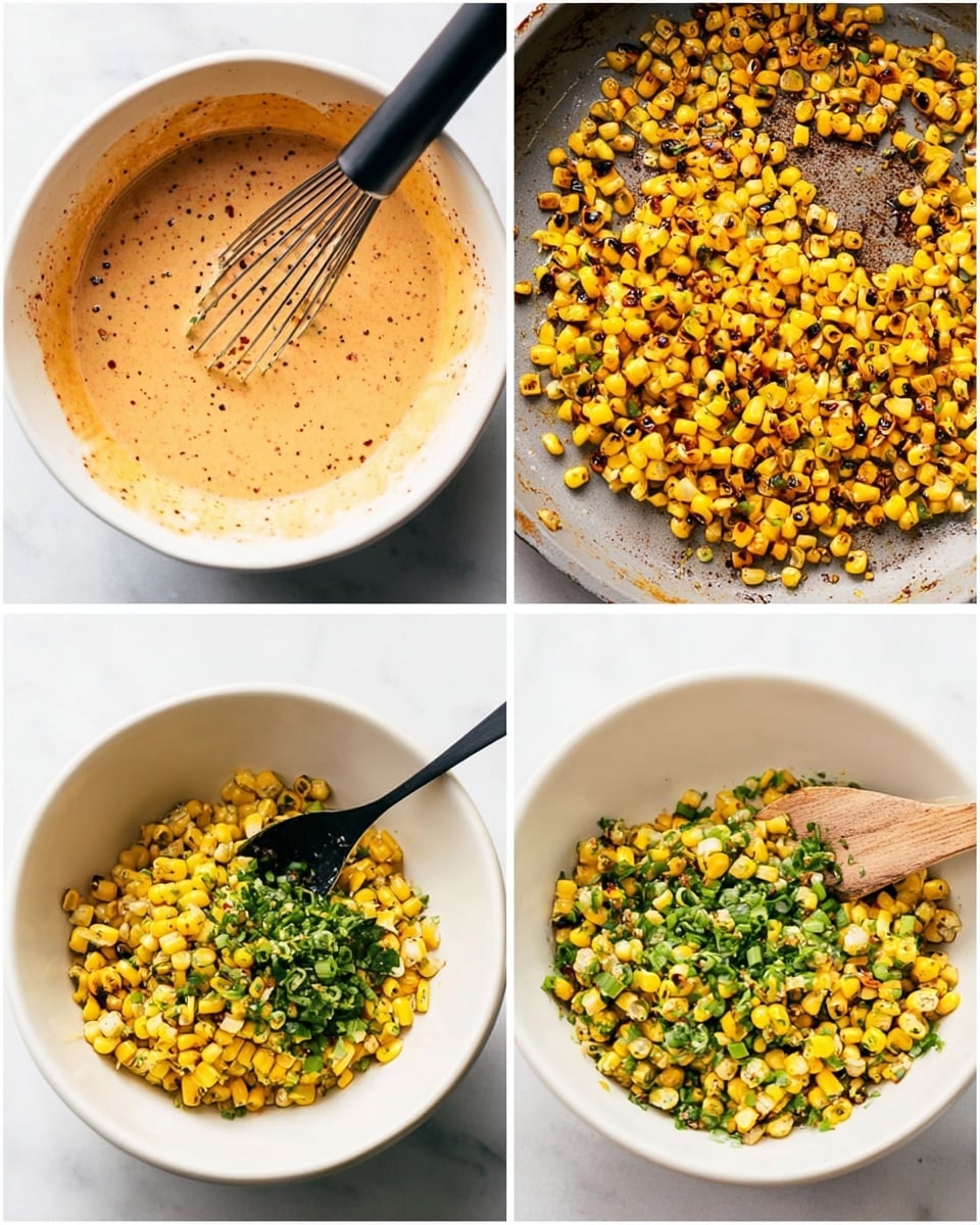 The first image shows a white bowl filled with a creamy, light orange sauce with black specks, being mixed by a black whisk. The second image shows bright yellow corn kernels with black grill marks spread out on a pan with a wooden spatula on the side. The third image shows a white bowl with grilled corn mixed with chopped green herbs, green onions, and a black spoon resting inside. The fourth image is a close-up of the same bowl with the corn and green herbs well mixed together, showing a fresh and colorful texture. All images have a white marbled surface in the background. photo taken with an iphone --ar 4:5 --v 7