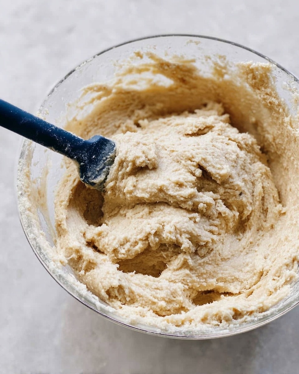 The image shows one thick layer of creamy, light beige dough with a rough and slightly grainy texture inside a clear bowl. There is a dark blue spatula partially buried in the dough on the left side, moving the dough slightly to show its soft and sticky nature. The background is a white marbled surface. photo taken with an iphone --ar 4:5 --v 7