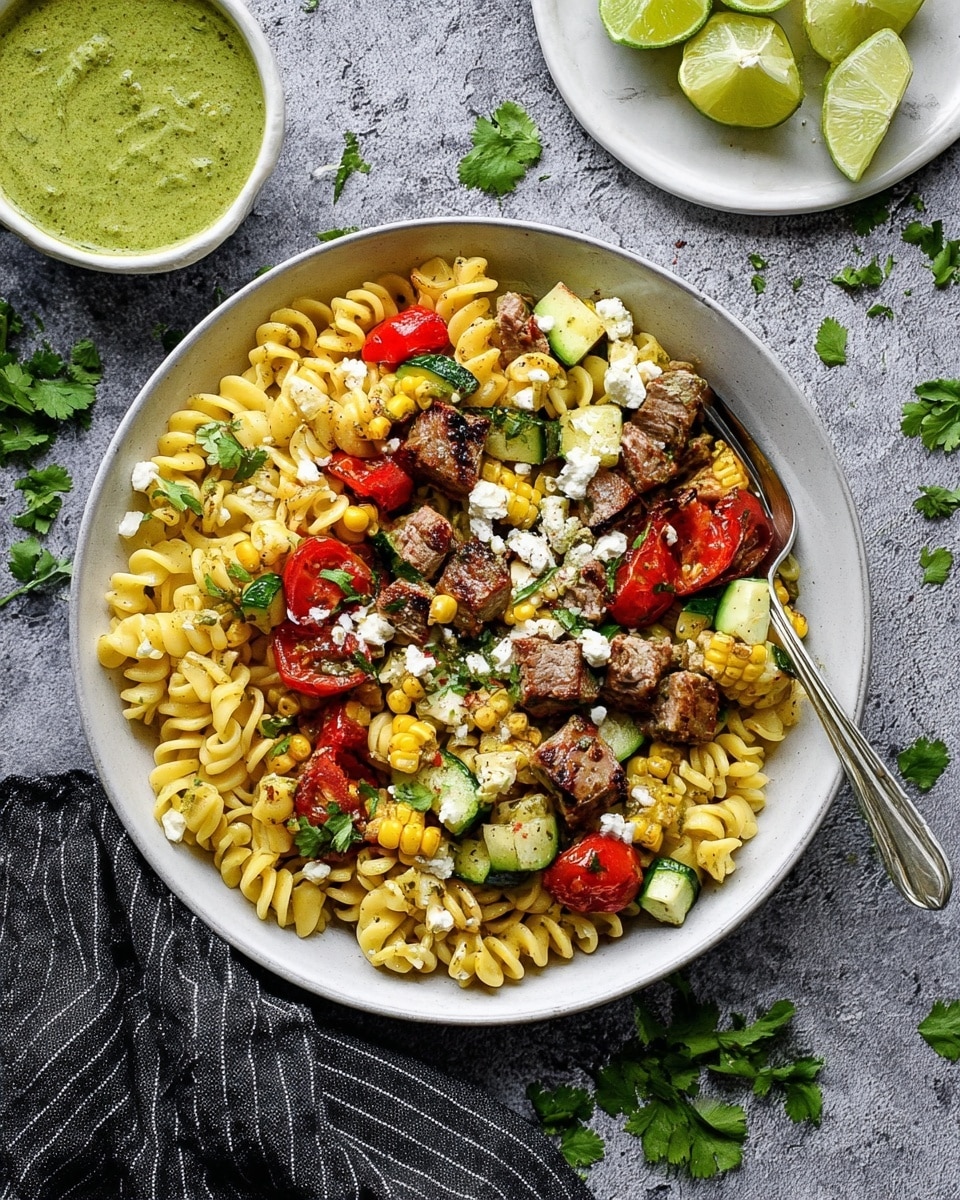 A white round plate filled with three layers of food: the bottom layer is twisted yellow pasta mixed with small green cucumber cubes and red bell pepper pieces. The middle layer is chunks of grilled meat and small sections of grilled corn, along with halved cherry tomatoes showing their juicy red inside. The top layer has small white crumbles of cheese scattered over the dish with a few green cilantro leaves placed on top. A silver fork rests inside the dish on the right side. Around the plate, there is a gray textured surface with a small white bowl of green sauce on the top left, and a white plate holding lime wedges on the top right. Some sprigs of cilantro are placed near the lime plate and scattered on the surface. A dark cloth with white stripes is seen under the plate. Photo taken with an iphone --ar 4:5 --v 7