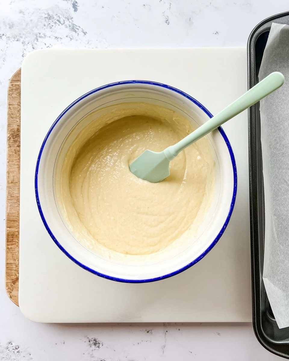 A white bowl with blue rim filled with smooth light beige batter, with a pale green spatula resting inside, partially covered by the batter. The bowl is placed on a white cutting board, which lies on a white marbled surface. To the right, there is a black metal baking tray with white parchment paper. Photo taken with an iphone --ar 4:5 --v 7