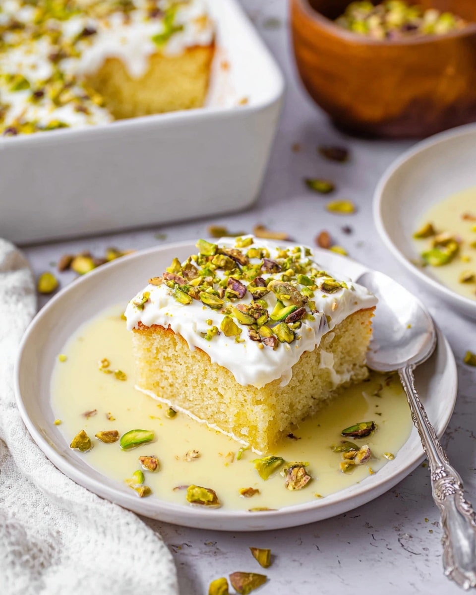 The image shows a square piece of light golden cake with a soft and slightly airy texture, topped with a thick layer of white cream that looks smooth, and sprinkled with chopped pistachios in shades of green and brown, adding a crunchy texture. The cake sits in a shallow white plate filled with a pale yellow creamy sauce, with small crushed nuts scattered around both the sauce and the cake. A silver spoon lies beside the cake on the plate. In the background, there is a white dish with more cake topped with cream and pistachios, and a wooden bowl containing additional nuts is partially visible. All items are placed on a white marbled surface with a white and grey cloth napkin nearby. photo taken with an iphone --ar 4:5 --v 7