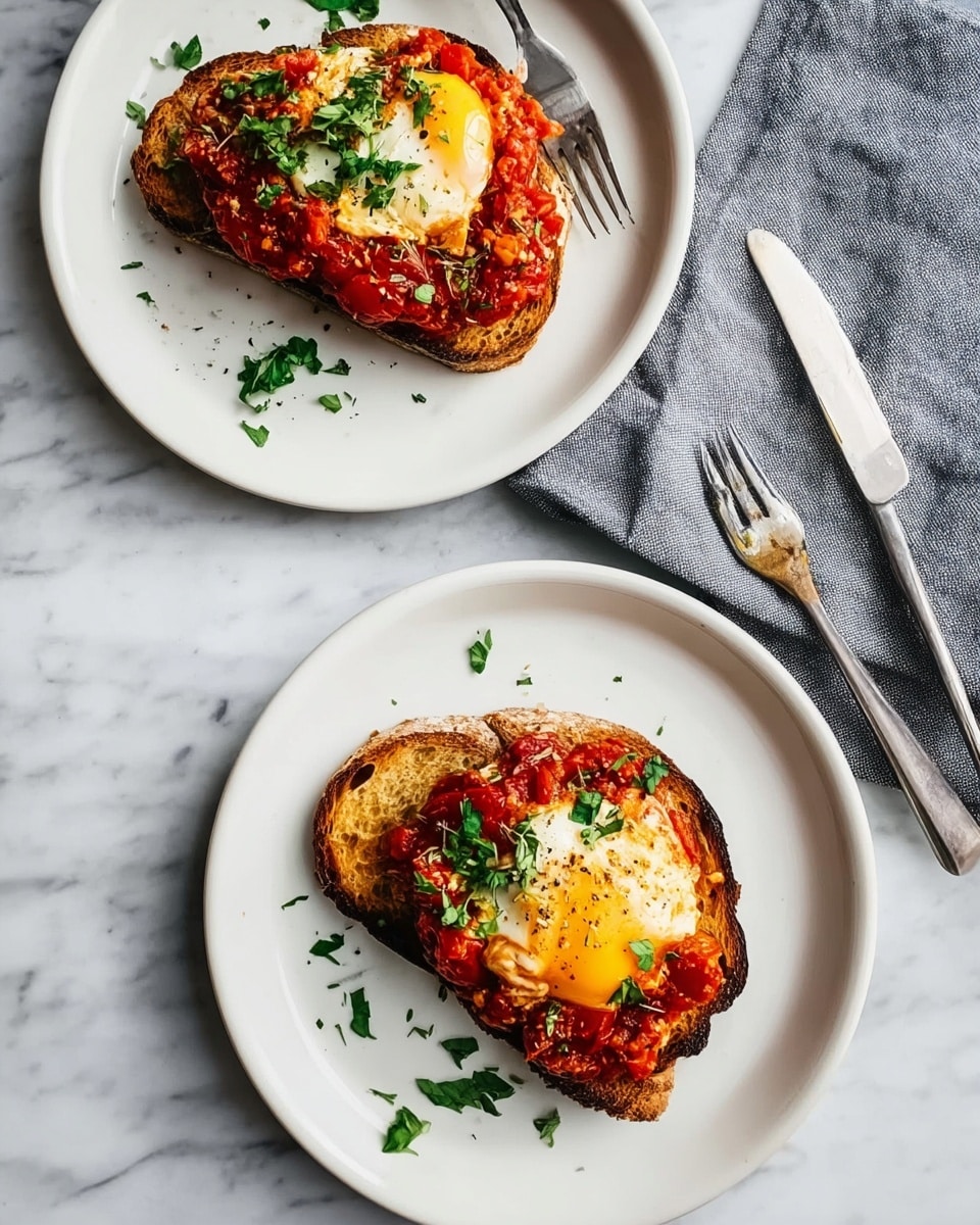 Two white plates on a white marbled surface each hold one piece of toasted bread with a slightly charred edge. On each toast, there is a layer of chunky red tomato sauce with bits of tomato, topped with a cooked egg that has a soft, white texture with some golden-yellow yolk showing. Fresh green herbs are sprinkled on top and around for garnish. In the upper left corner, there is a gray cloth napkin with a woman's hand placed forks and knives. photo taken with an iphone --ar 4:5 --v 7