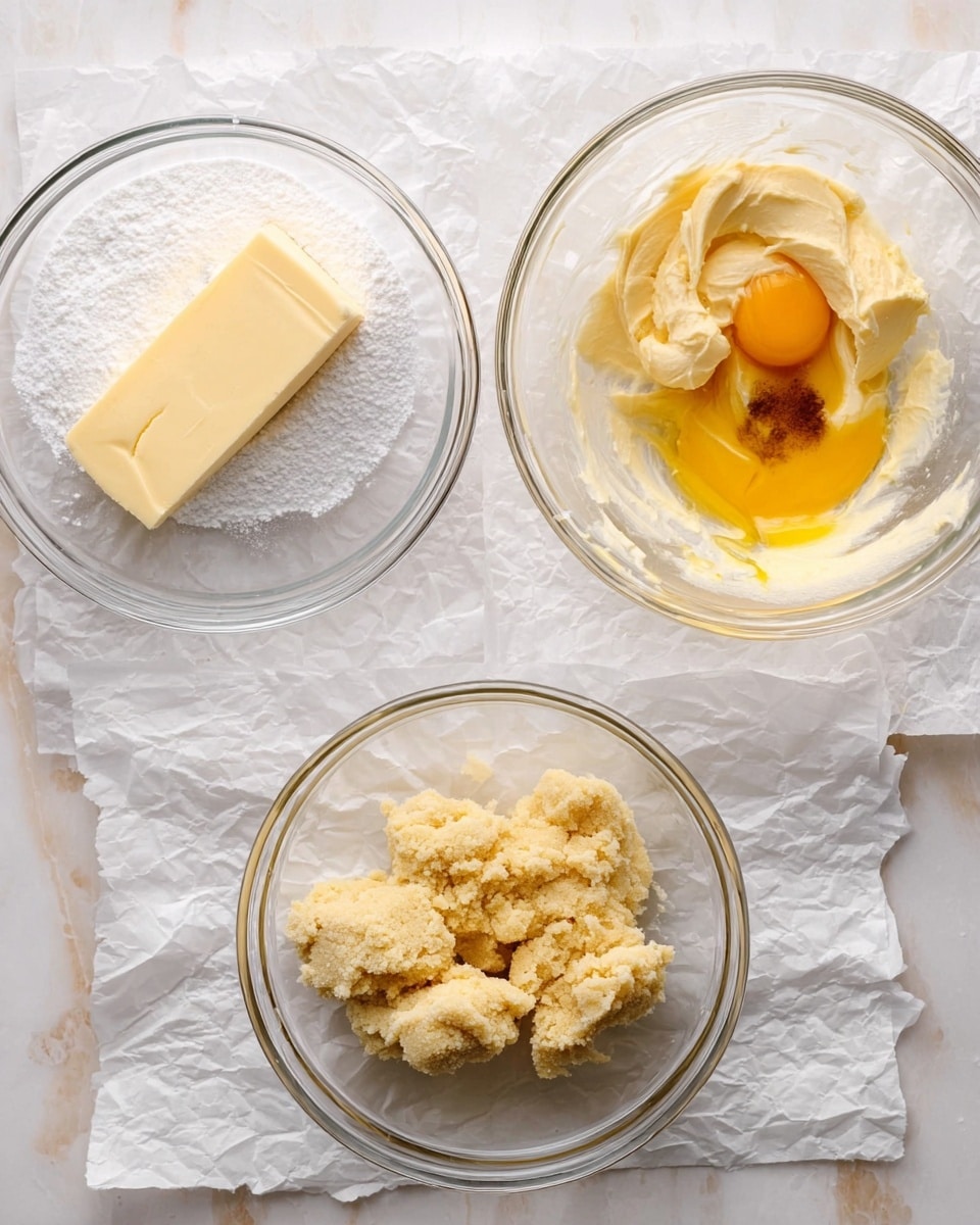 The image shows three clear glass bowls placed on crinkled white baking paper over a white marbled surface. The first bowl contains one rectangular piece of pale yellow butter resting on a pile of white granulated sugar. The second bowl shows the butter and sugar mixed into a creamy, light yellow texture with a dollop of golden yellow egg yolk and a small splash of dark brown vanilla inside, partly mixed. The third bowl holds a crumbly, pale golden dough mixture that looks lightly packed and slightly uneven in texture. Photo taken with an iphone --ar 4:5 --v 7