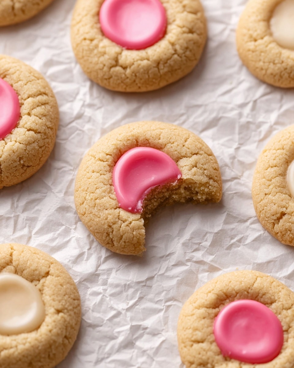 The image shows soft, round cookies with a golden brown color spread out on a crumpled white paper with a white marbled texture surface underneath. Each cookie has a small circle of smooth icing in the middle, with some cookies having bright pink icing and others with light beige icing. One cookie in the front is bitten, showing a soft and crumbly inside with the pink icing still holding its shape. The cookies are close to each other but not touching, giving a clean and simple look. photo taken with an iphone --ar 4:5 --v 7