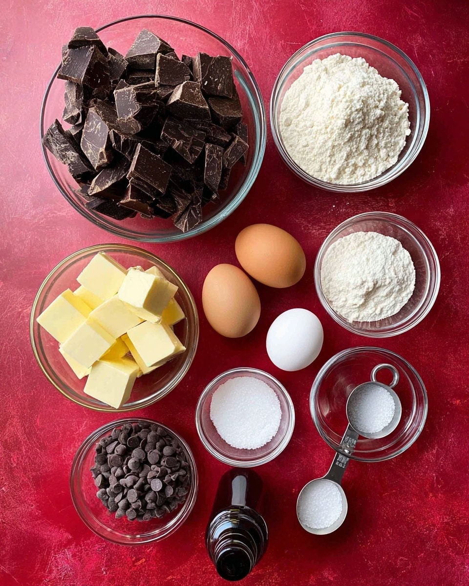 The image shows a red textured surface with various baking ingredients arranged neatly. At the top center, there is a clear glass bowl filled with large, uneven dark chocolate chunks. To the left, a clear glass bowl holds several light yellow cubes of butter. Below them, another glass bowl contains white flour. In the middle, two eggs, one light brown and one white, are placed side by side. To the top right, a glass bowl filled with white granulated sugar is visible. Below it, a smaller bowl contains dark chocolate chips. Next to the chocolate chips, two metal measuring spoons, one large and one small, hold white granulated salt and another white ingredient. A small dark bottle is at the bottom center. The overall layout is clean with a focus on the colors and textures of the ingredients photo taken with an iphone --ar 4:5 --v 7