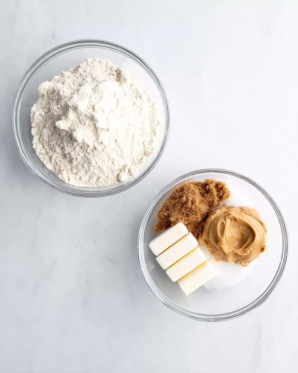 There are two round clear glass bowls set side by side on a white marbled surface. The left bowl is filled with white flour with a powdery texture, spread evenly to the top with a slight dip in the middle. The right bowl contains four separate ingredients: a light brown creamy peanut butter on the top right, dark brown sugar with a crumbly texture below it, white granulated sugar on the bottom right, and six small white sticks of butter stacked near the bottom left. The colors of the ingredients contrast clearly against the transparent bowl and the white marbled background. Photo taken with an iphone --ar 4:5 --v 7
