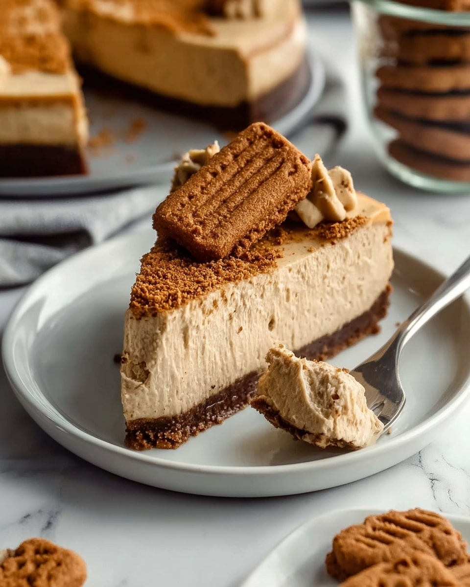 A single slice of cheesecake is placed on a small white plate with a woman's hand holding a fork beside it. The cheesecake has two distinct layers: a thick bottom crust layer in a deep brown color, rough in texture, and a larger creamy beige middle layer that looks smooth and dense. The top layer is light brown with a spread-out cream texture and is topped with crumbled cookie pieces matching the darker brown crust and a whole rectangular cookie resting on the slice edge. The scene rests on a white marbled surface with a blurred background showing a jar filled with similar cookies and a plate holding more cheesecake slices. Photo taken with an iphone --ar 4:5 --v 7