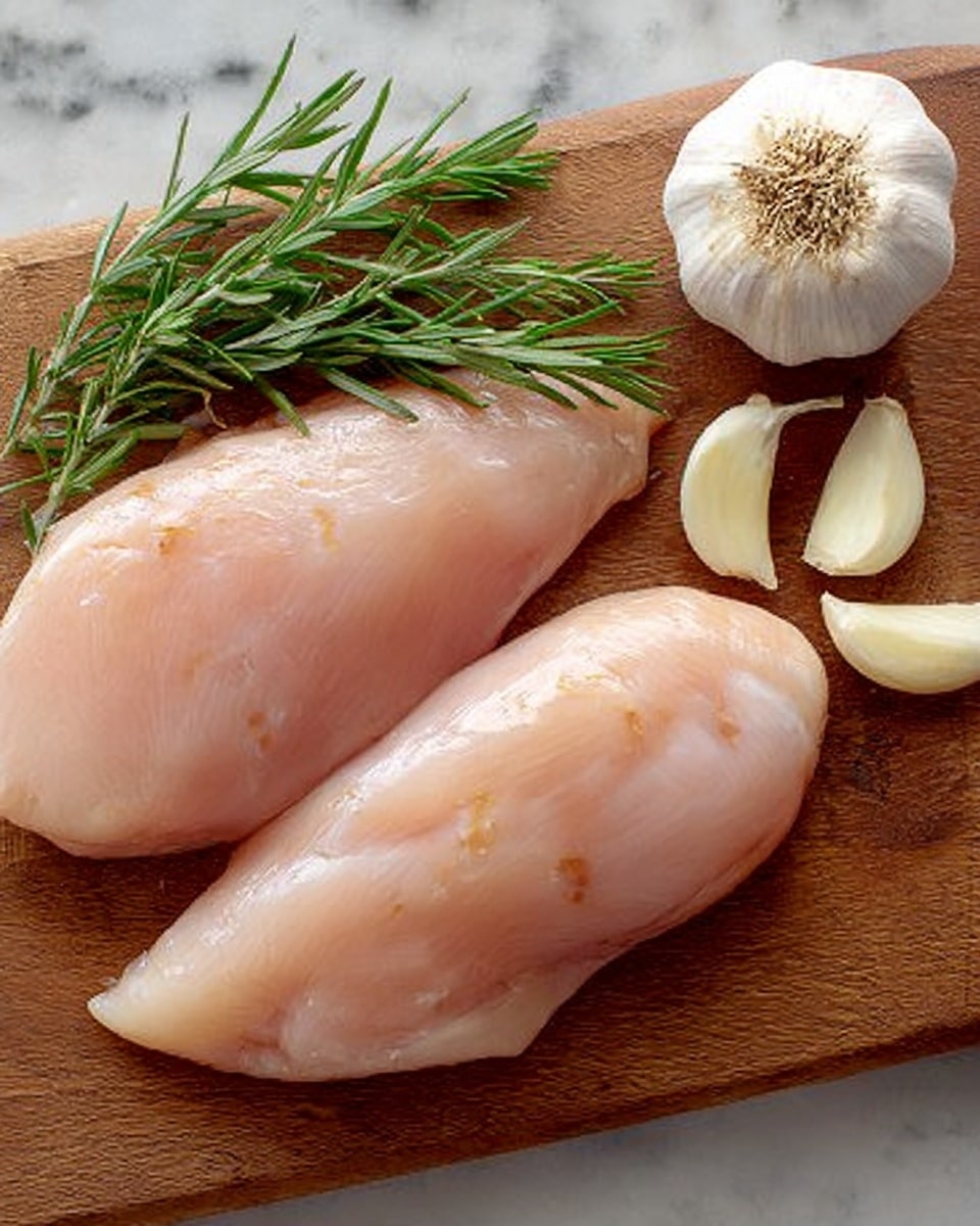 Two smooth, pale pink pieces of raw chicken lie flat side by side on a wooden cutting board. A fresh green sprig of rosemary sits across the top left corner, and a cut head of garlic with pale cream cloves is placed on the right side. The scene is set on a white marbled surface. photo taken with an iphone --ar 4:5 --v 7