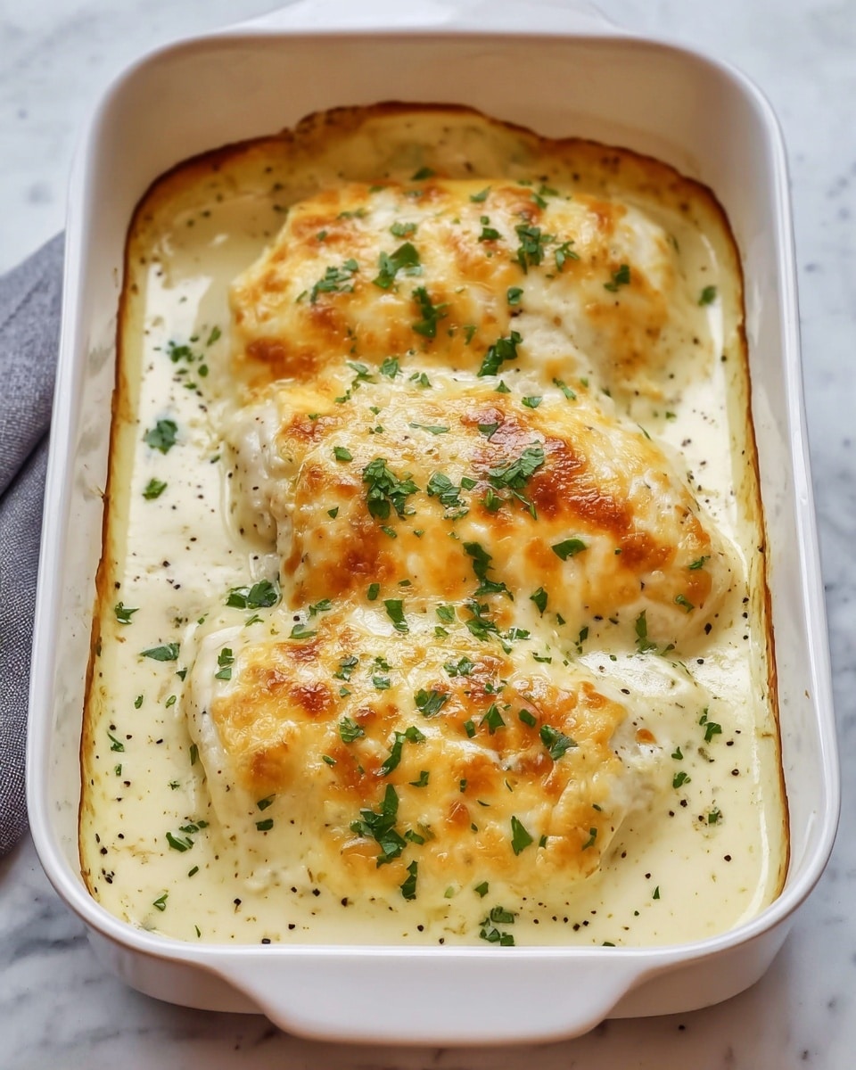 A white baking dish holds three large pieces covered in a creamy white sauce with black specks. The top layer shows melted golden brown cheese that stretches over the pieces, with a smooth and slightly oily texture. Small chopped green herbs are evenly scattered on the sauce and cheese, adding a fresh contrast. The edges of the baking dish frame the dish tightly, all on a white marbled surface. Photo taken with an iphone --ar 4:5 --v 7