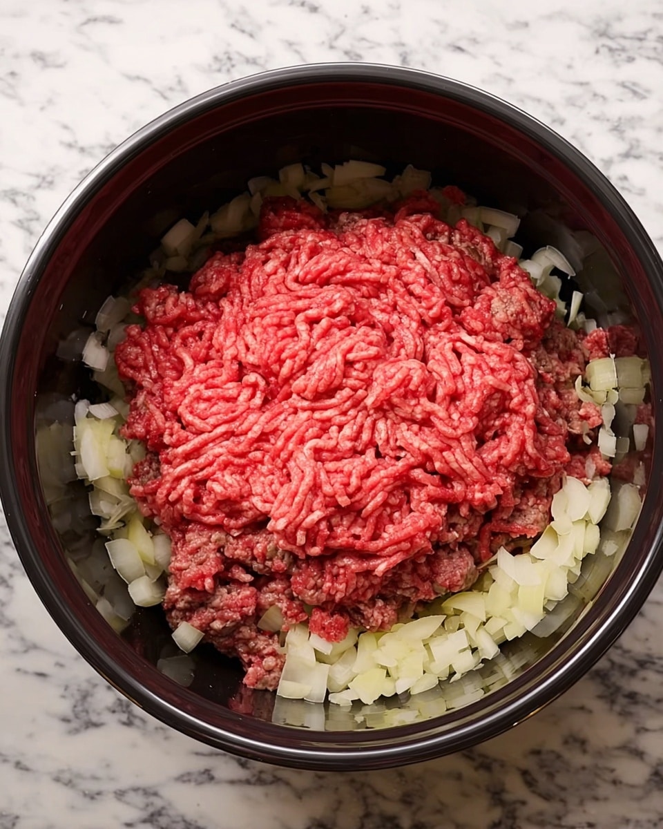 A black pot on a white marbled surface holds two layers of food. The bottom layer is diced white onions spread evenly around the edges of the pot. On top of the onions is a thick layer of raw ground meat, bright red and textured with strands, mostly in the center, leaving the onions visible around the sides. The pot’s interior is dark and smooth, contrasting with the vibrant colors of the ingredients. photo taken with an iphone --ar 4:5 --v 7