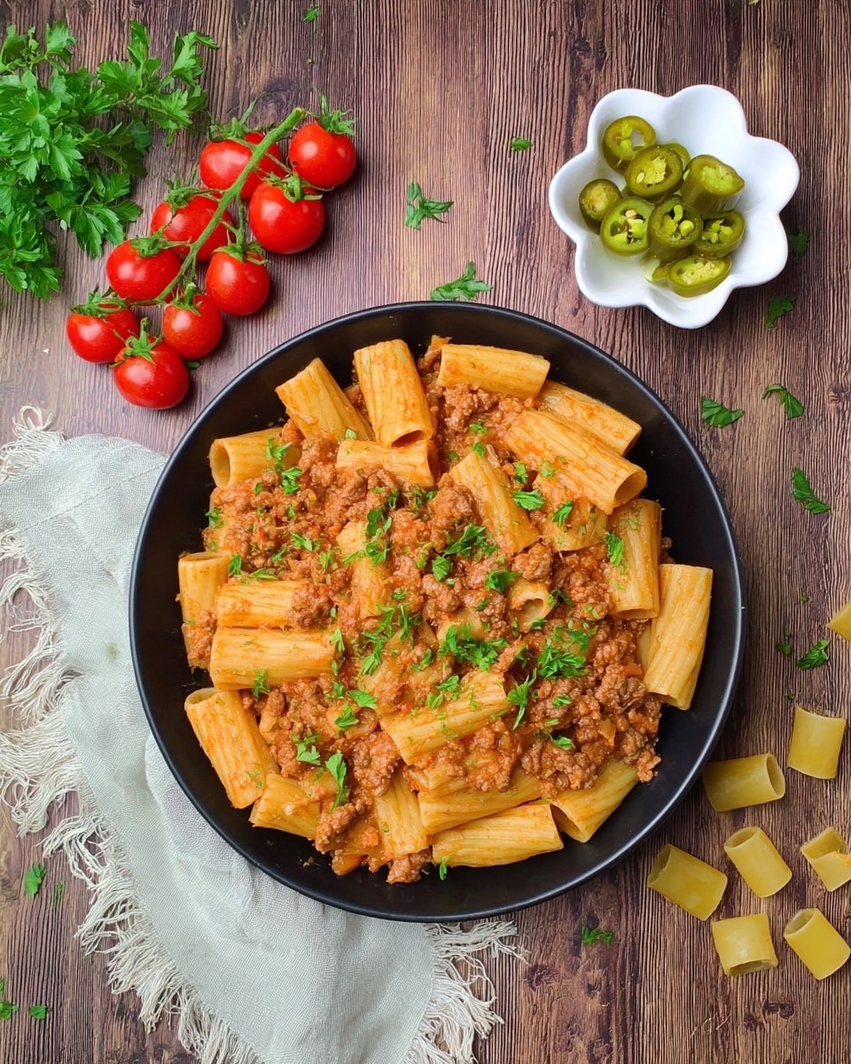 A black bowl filled with cooked rigatoni pasta mixed with a reddish-brown sauce containing minced meat, topped with small green parsley leaves scattered across the dish. The dish is placed on a wooden surface with a small bunch of fresh red cherry tomatoes on the vine and green parsley sprigs to the left. To the right, there is a white floral-shaped small bowl with sliced green jalapeños. Some uncooked rigatoni pasta pieces are scattered on the wooden surface around the bowl. A light-colored fringed cloth is placed in the lower-left corner of the image. Photo taken with an iphone --ar 4:5 --v 7