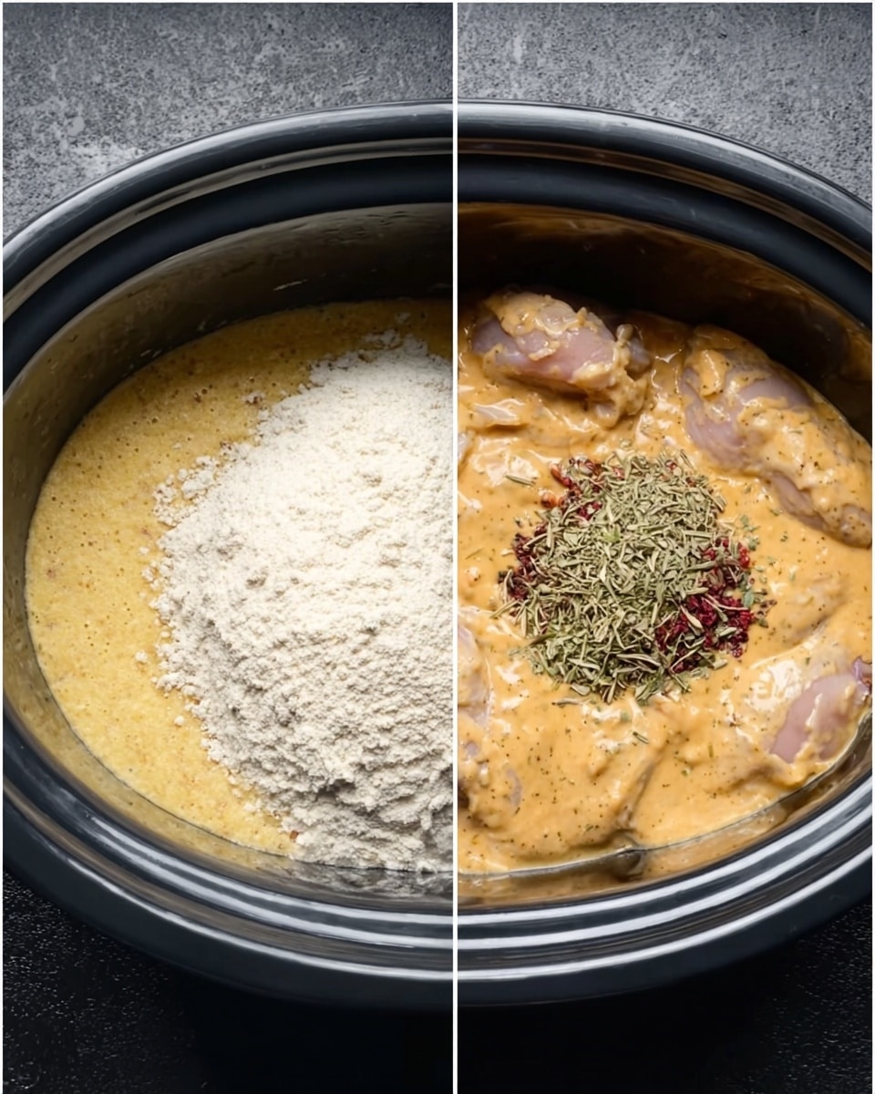 The first image shows a close-up of a black slow cooker with three separate layers inside: a light yellow creamy mixture on the left, a small heap of dry white flour at the bottom, and a round pile of dried green and red herbs on the right side. The second image shows the same black slow cooker filled with a thick, pale orange sauce evenly spread, covering pieces of raw chicken underneath. The sauce has small green and black specks, showing the herbs mixed in. photo taken with an iphone --ar 4:5 --v 7