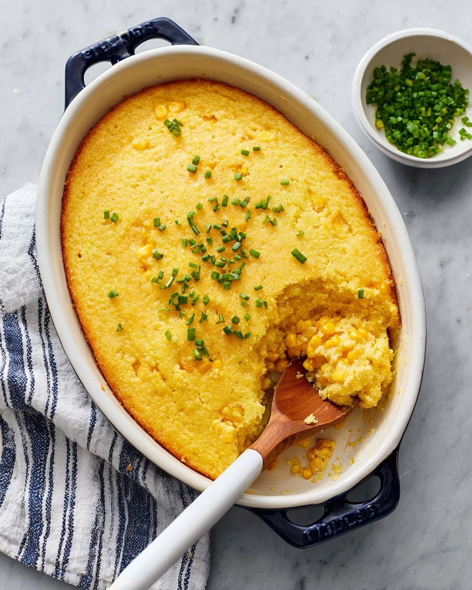 An oval white dish with dark blue handles holds a golden baked corn casserole topped with small green chives. The casserole has a smooth slightly cracked surface and a scoop taken out from the lower right side revealing a soft, creamy yellow inside mixed with whole corn kernels. A wooden spoon with a white handle is scooping out the casserole. Next to the dish, there is a small white bowl filled with chopped green chives. The dish sits on a white marbled surface with a striped cloth on the left side. Photo taken with an iphone --ar 4:5 --v 7