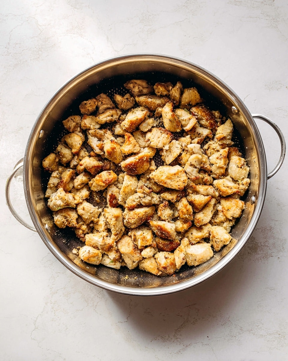 A round stainless steel pan filled with many small pieces of cooked chicken, lightly browned with some darker golden edges, scattered across the pan. The chicken pieces have a slightly crispy outside and a light seasoning visible as small specks. The pan is set on a white marbled surface, and the light casts soft shadows around the edges. photo taken with an iphone --ar 4:5 --v 7